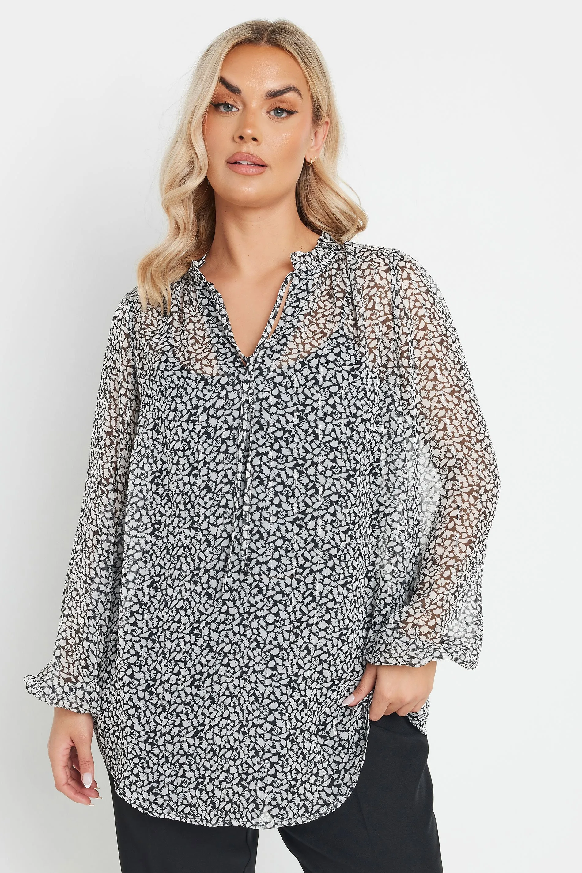 Abstract Print Frill Neck Blouse