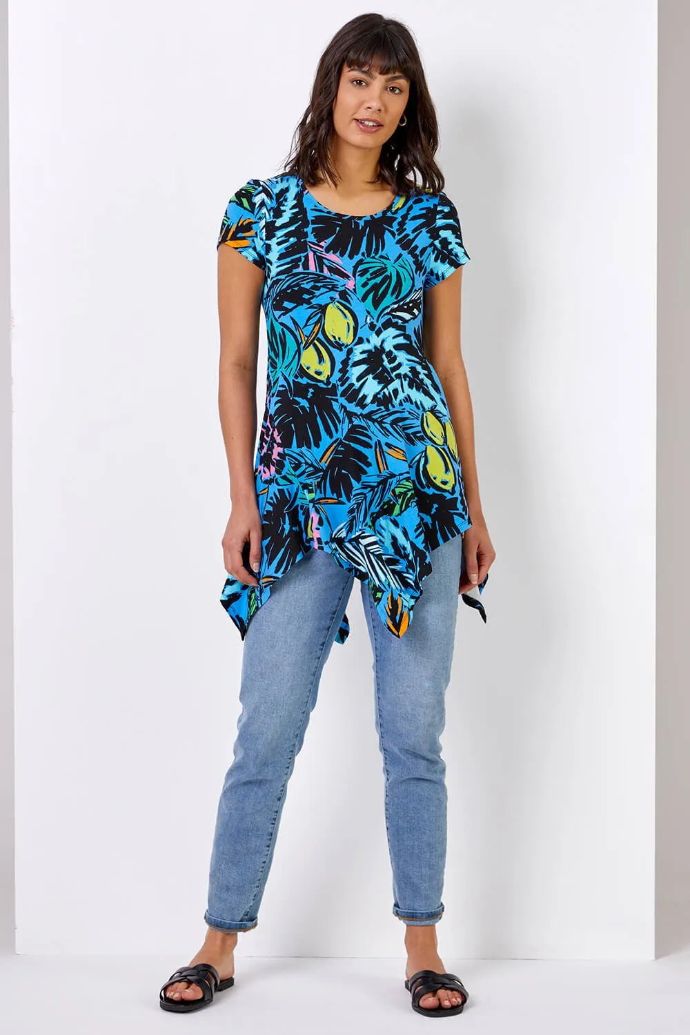 Tropical Palm Print Hanky Hem Tunic Top 3 Tropical Palm Print Hanky Hem Tunic Top