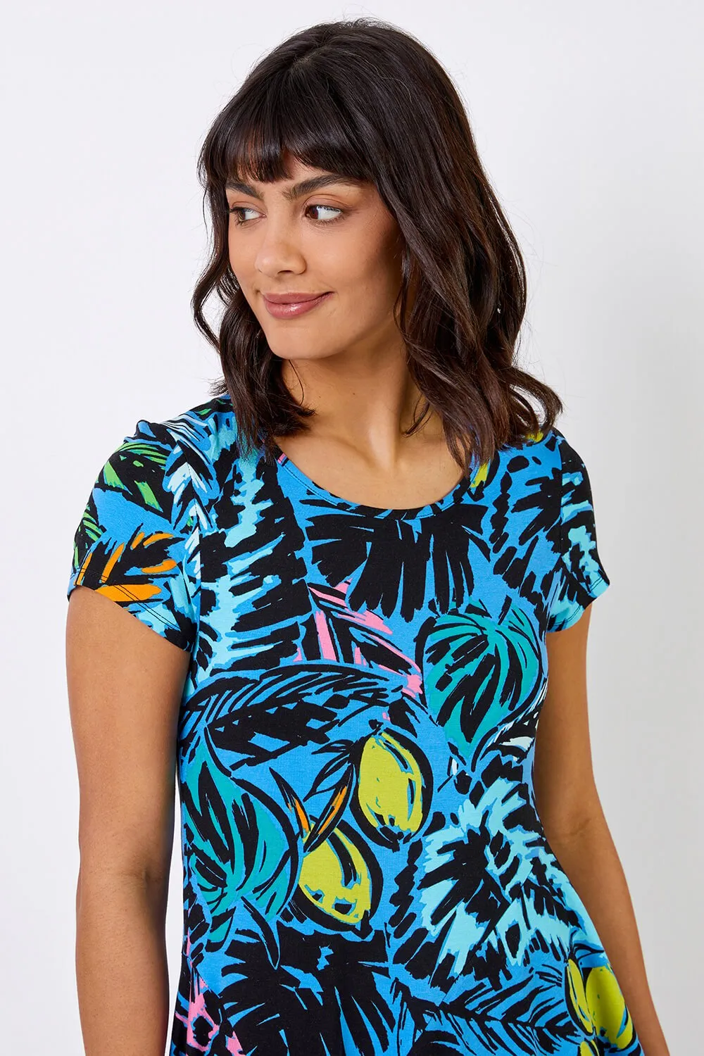 Tropical Palm Print Hanky Hem Tunic Top 4 Tropical Palm Print Hanky Hem Tunic Top