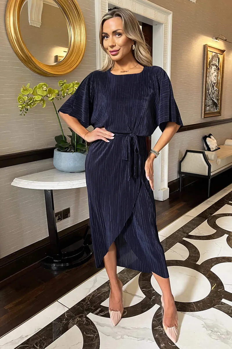 Navy Short Sleeve Tie Waist Plisse Midi Dress 4 Navy Short Sleeve Tie Waist Plisse Midi Dress