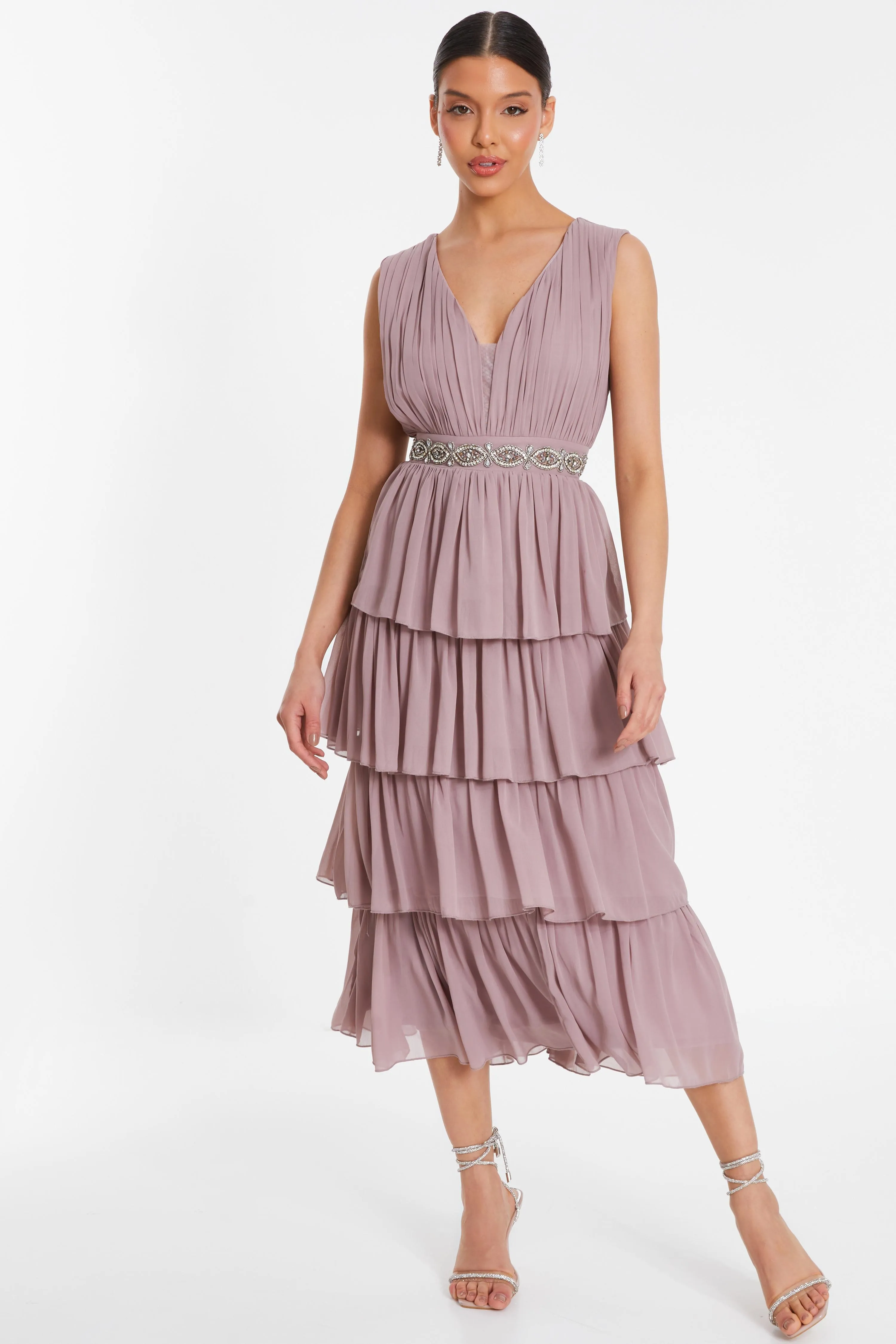 Pink Chiffon Tiered Midi Dress 1 Pink Chiffon Tiered Midi Dress