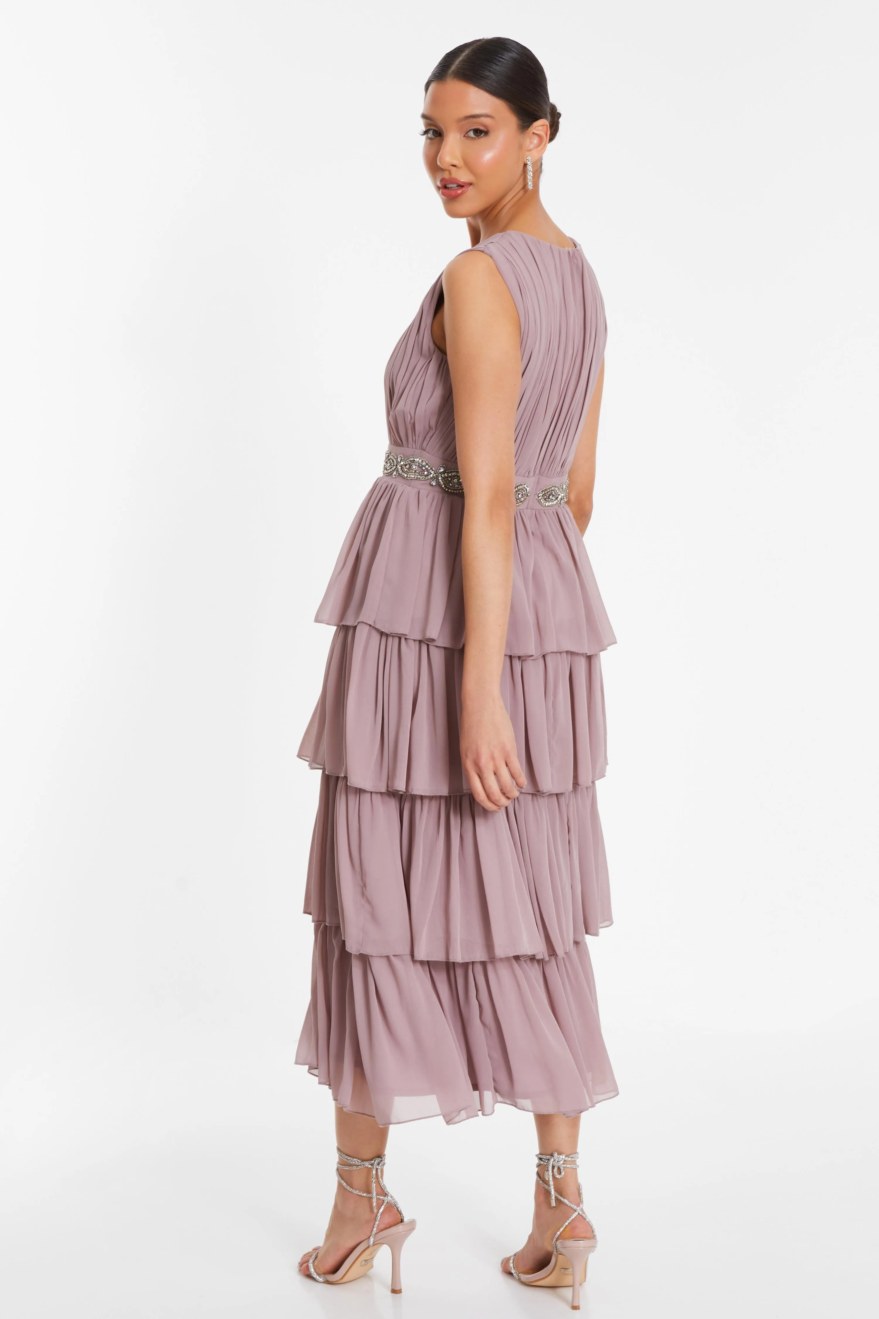 Pink Chiffon Tiered Midi Dress 2 Pink Chiffon Tiered Midi Dress