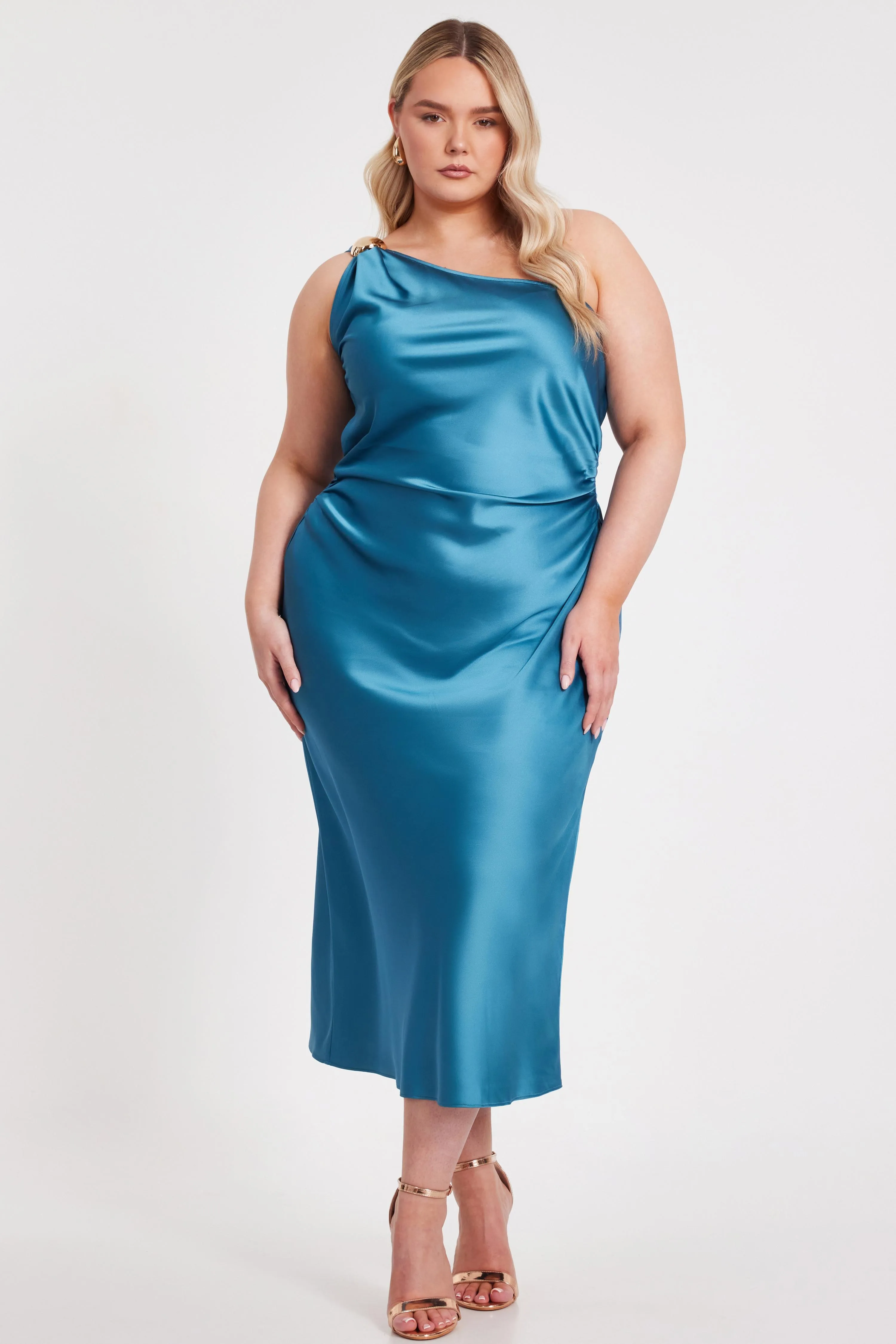 Teal Curve Satin One Shoulder Midaxi Dress 1 Teal Curve Satin One Shoulder Midaxi Dress