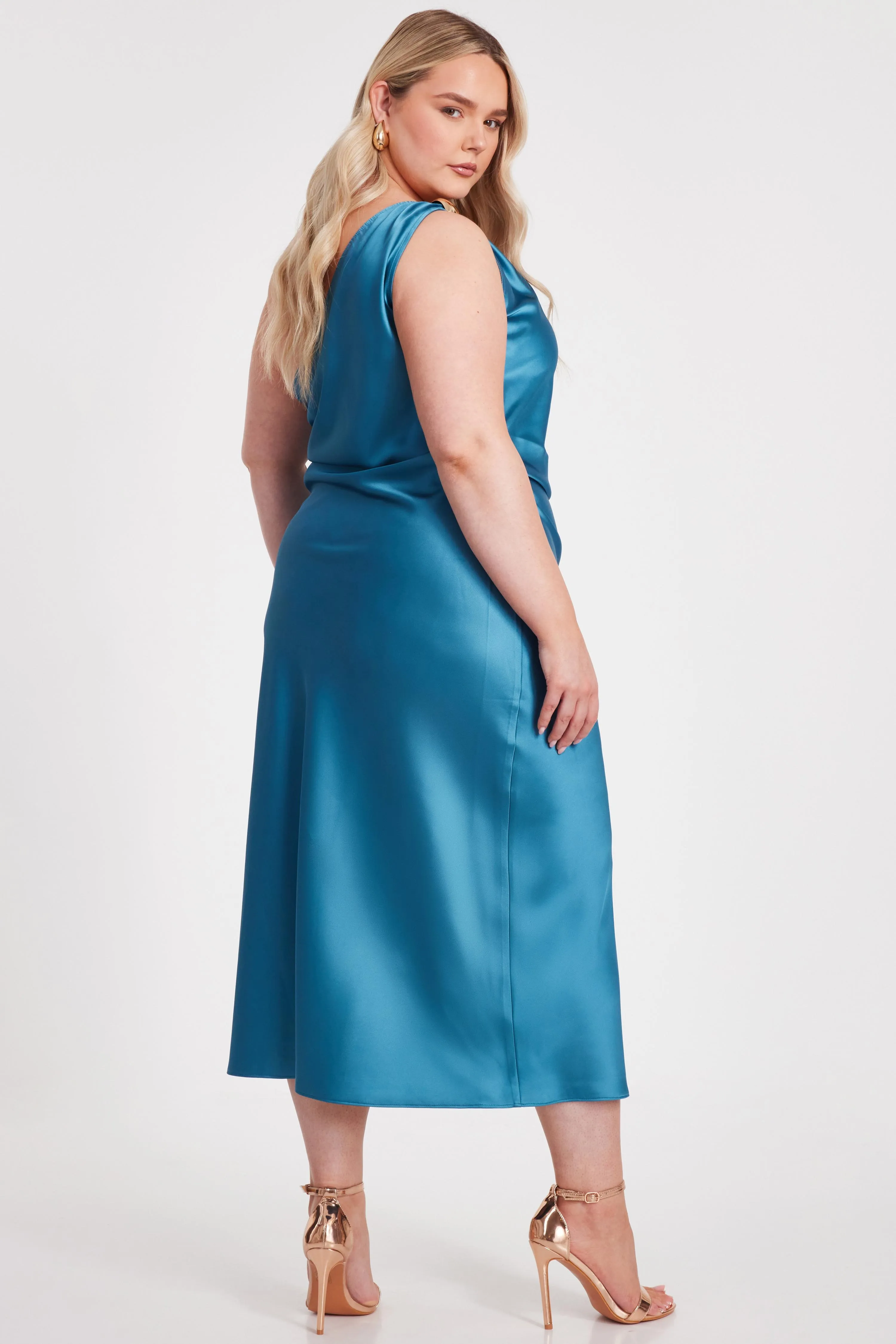 Teal Curve Satin One Shoulder Midaxi Dress 2 Teal Curve Satin One Shoulder Midaxi Dress