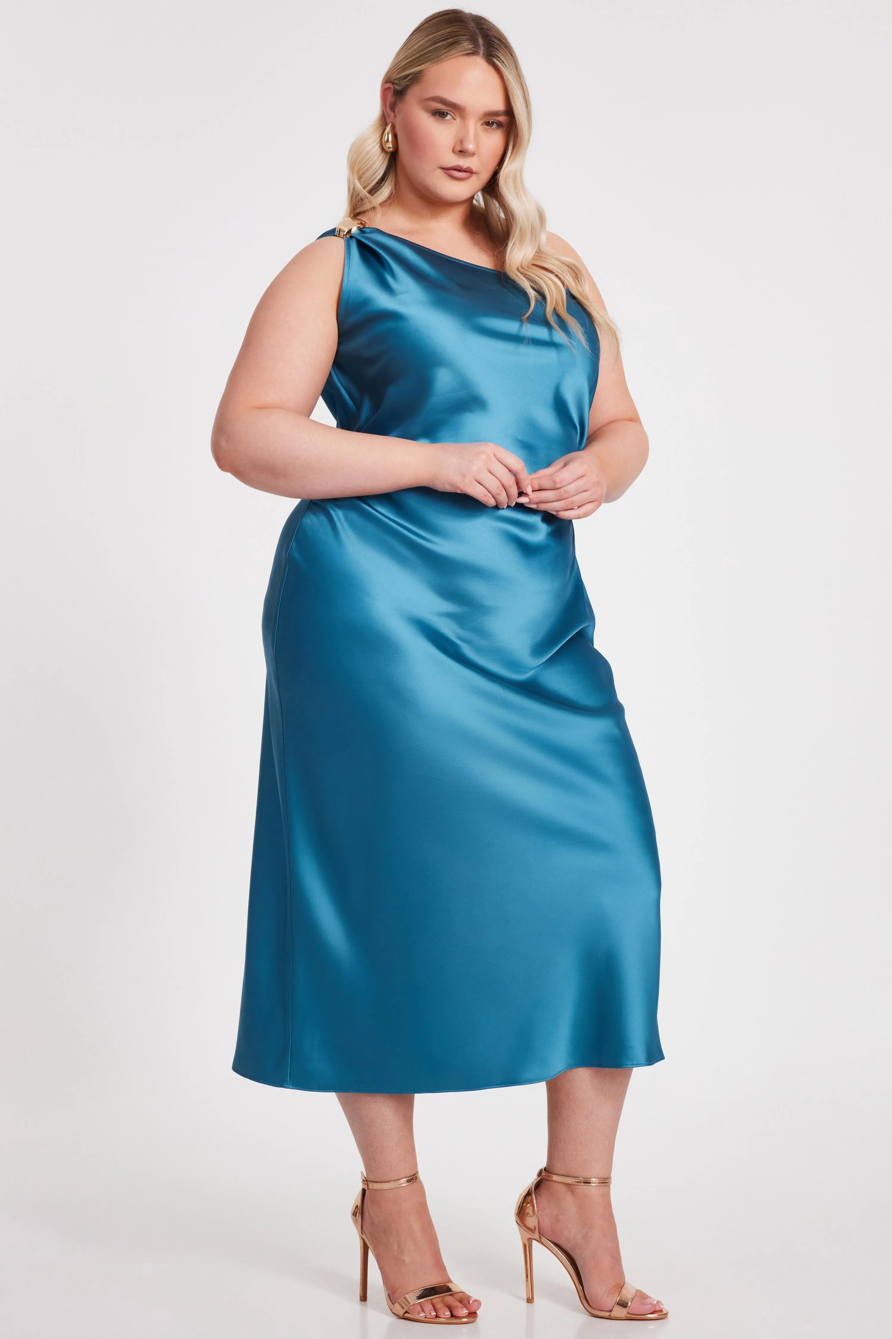 Teal Curve Satin One Shoulder Midaxi Dress 3 Teal Curve Satin One Shoulder Midaxi Dress