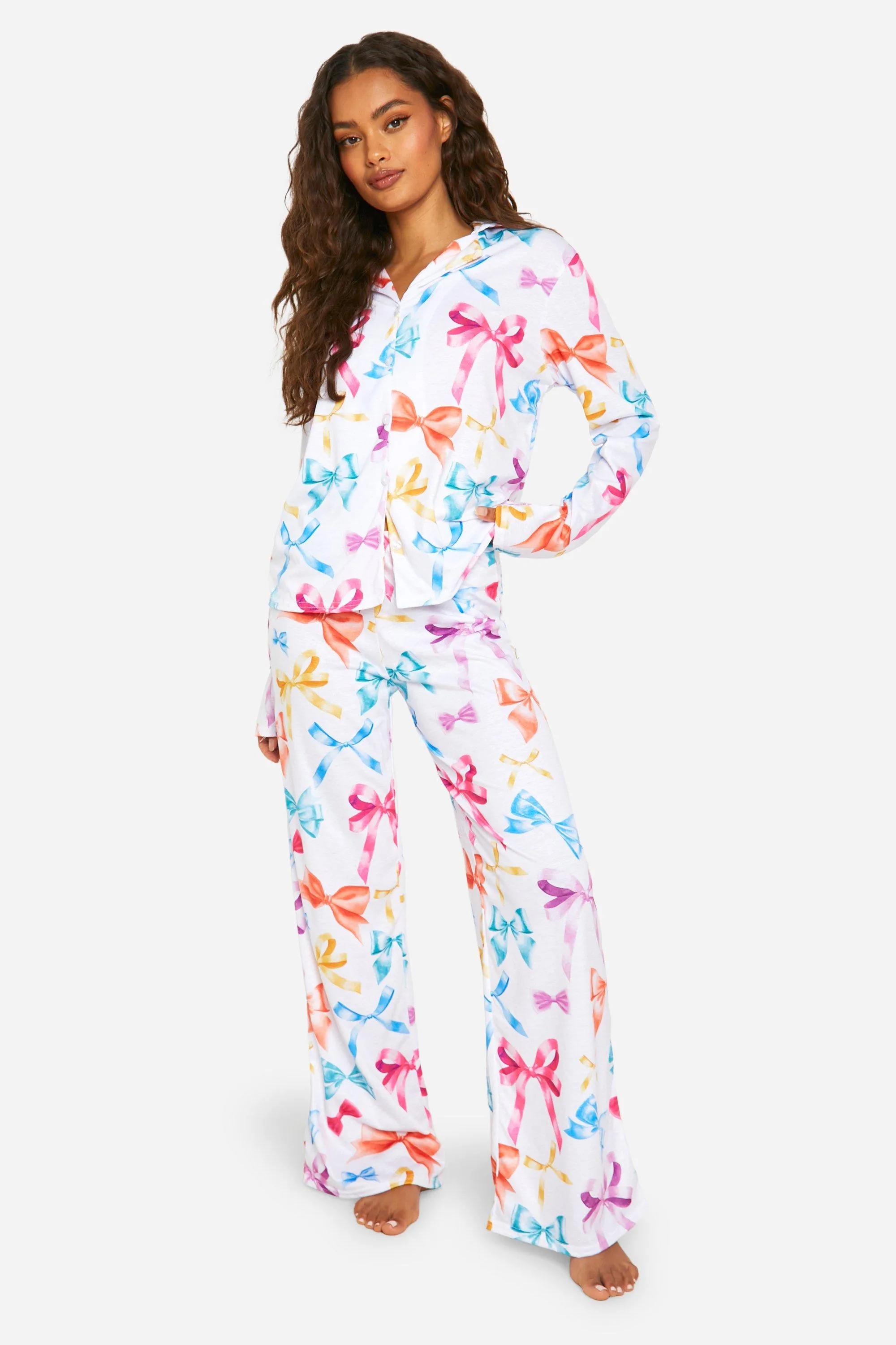 Bow Print Long Sleeve Shirt & Trousers Pyjama Set