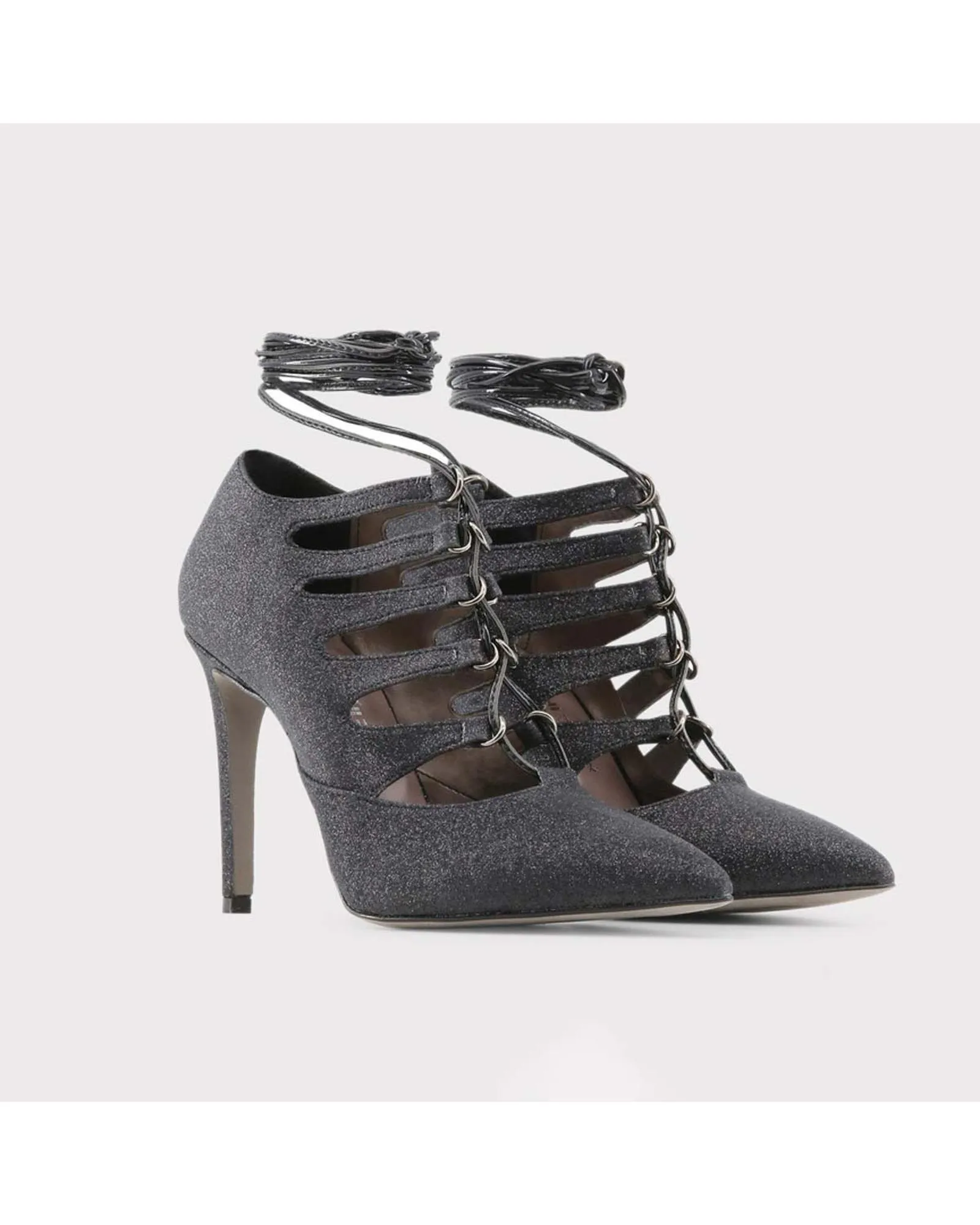 Glitter LaceUp Heels Pointed Toe- Black