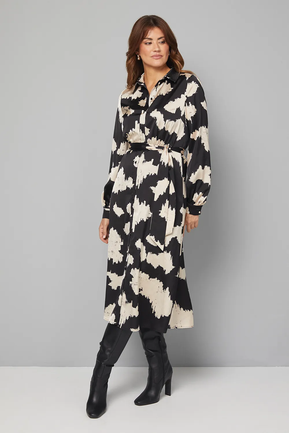 Abstract Satin Shirt Dress
