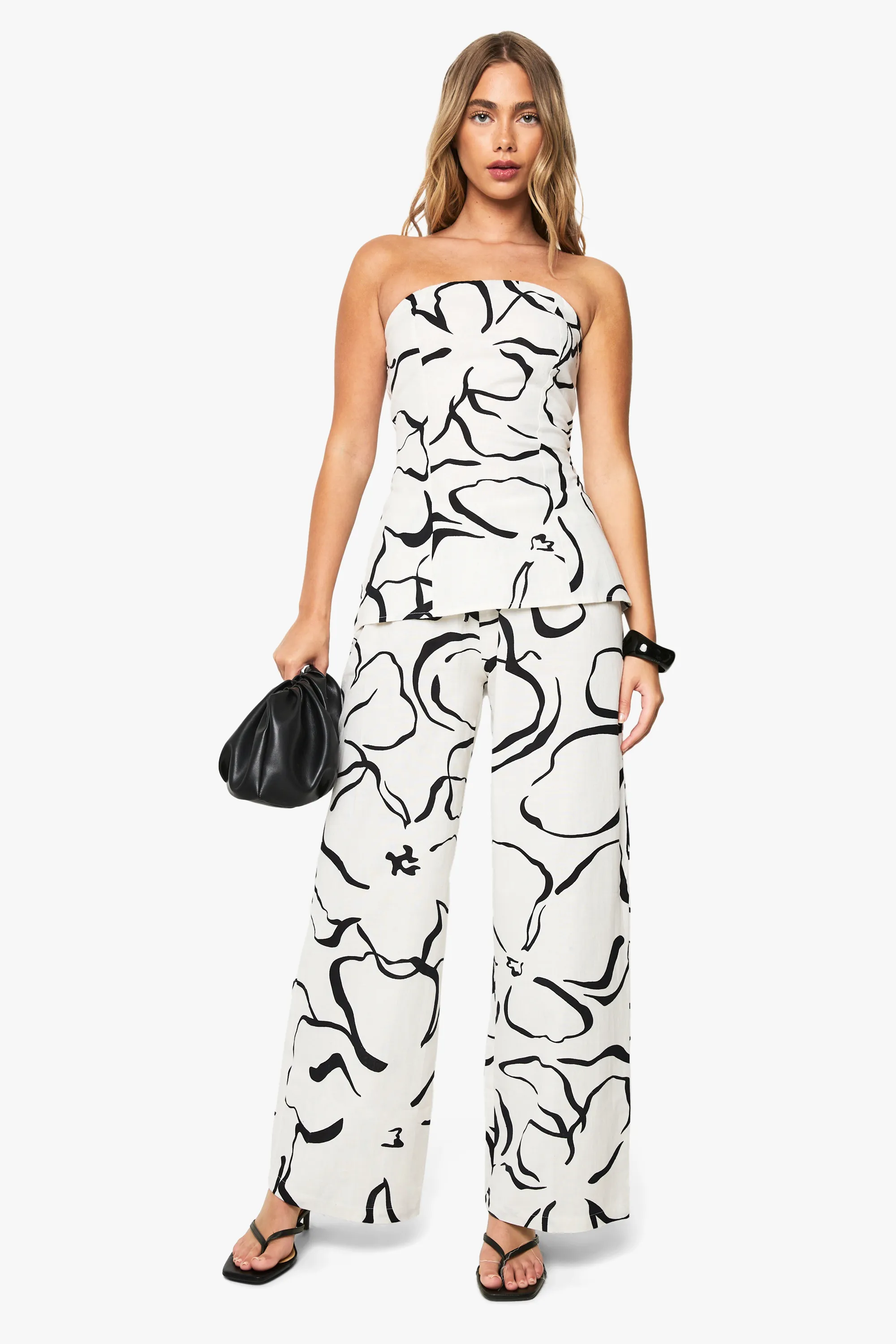 Abstract Floral Linen Look Wide Leg Trousers
