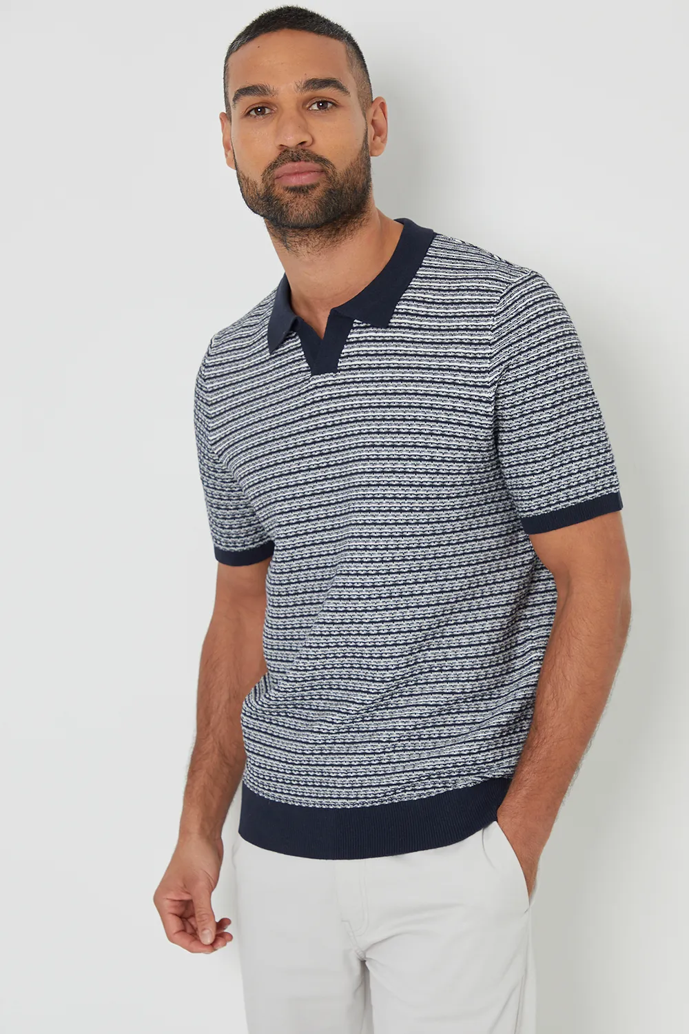 Textured Stripe Trophy Neck Knitted Polo Shirt