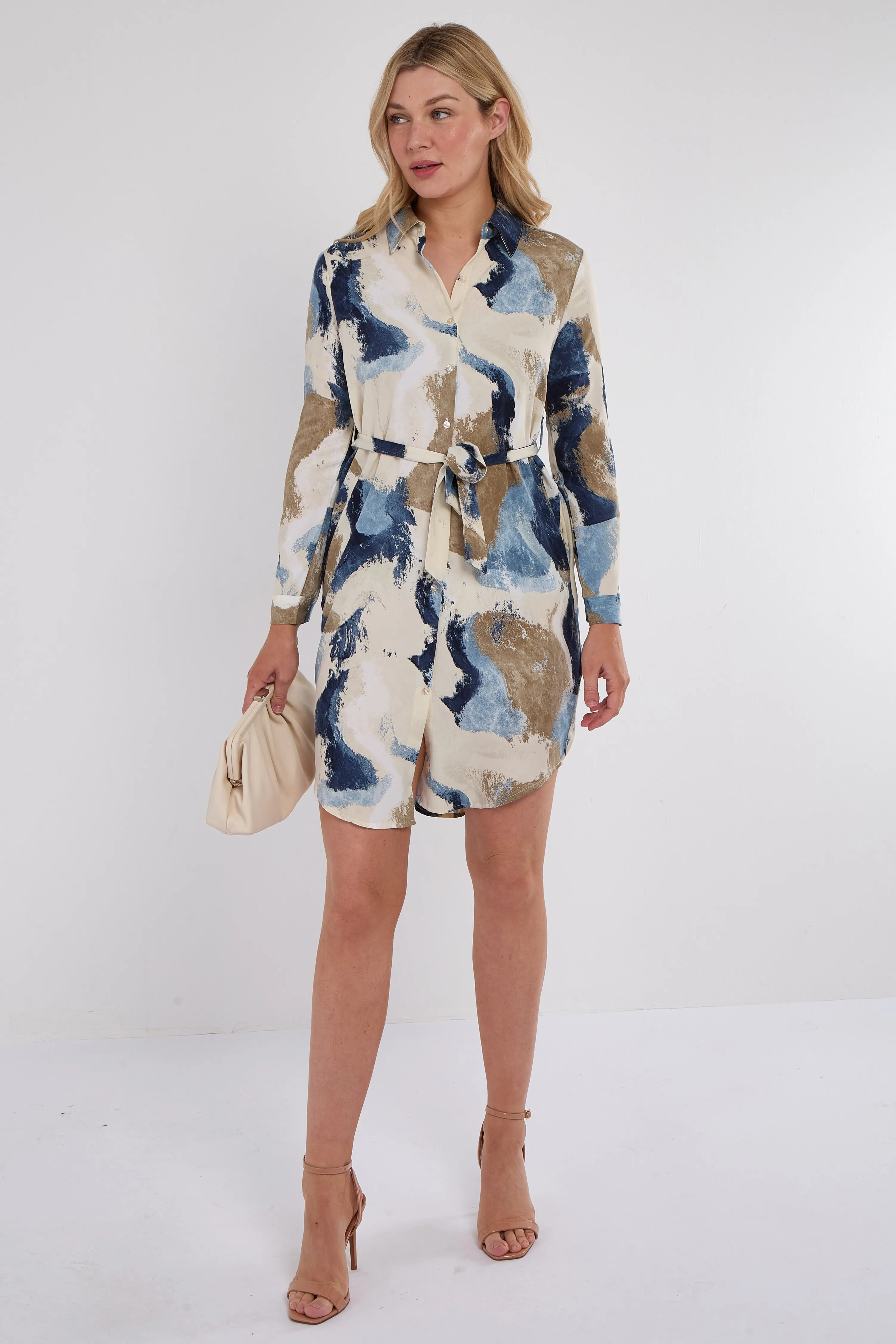 Blue Marbel Print Mini Shirt Dress