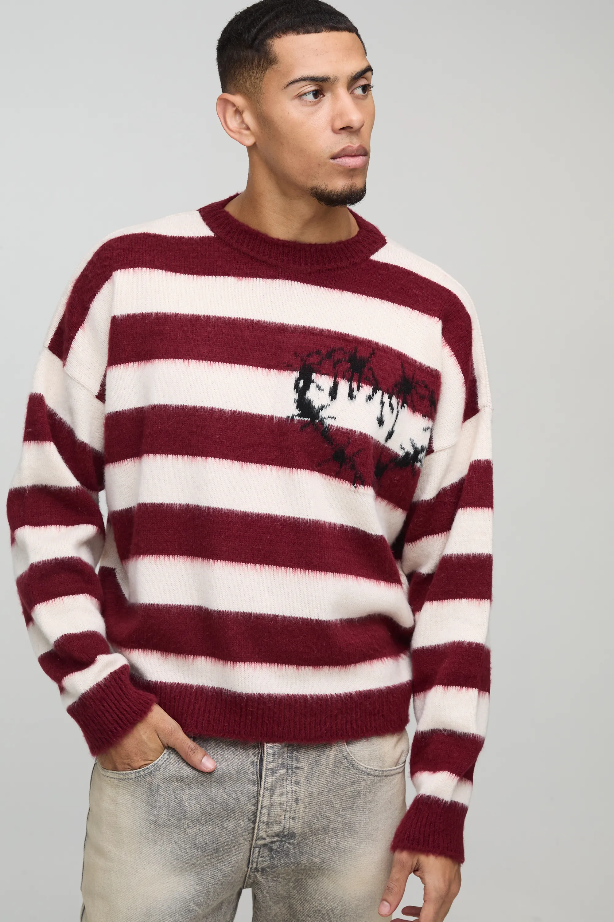 Boxy Brushed Stripe Print Knitted Jumper