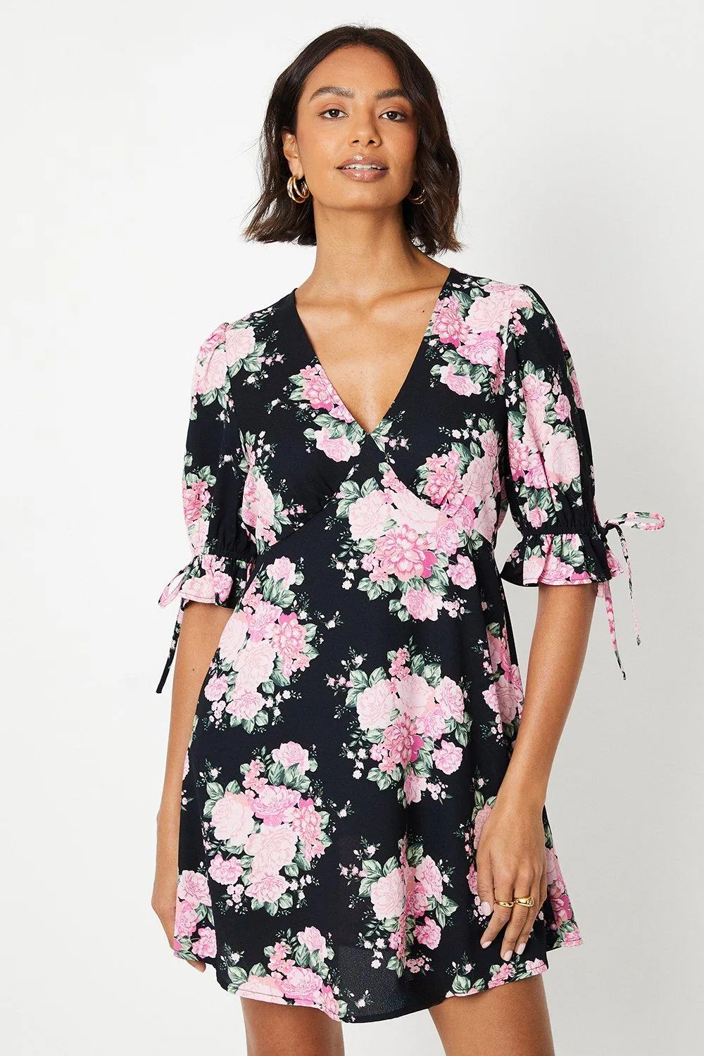 Black Floral Empire Tie Sleeve Mini Dress 1 Black Floral Empire Tie Sleeve Mini Dress