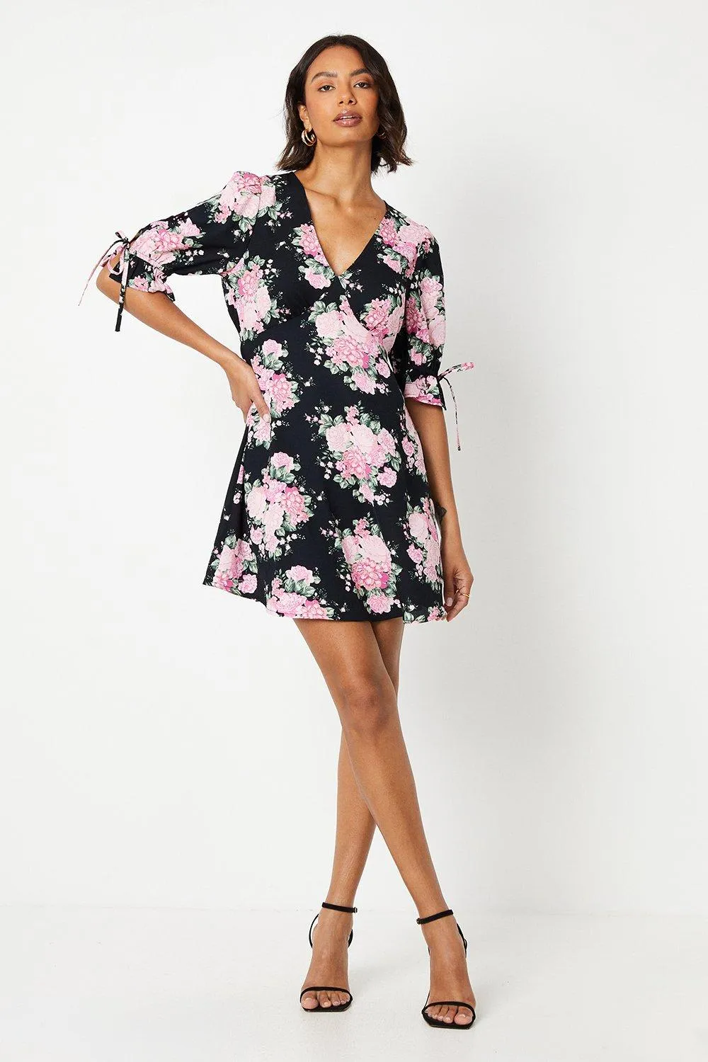 Black Floral Empire Tie Sleeve Mini Dress 2 Black Floral Empire Tie Sleeve Mini Dress