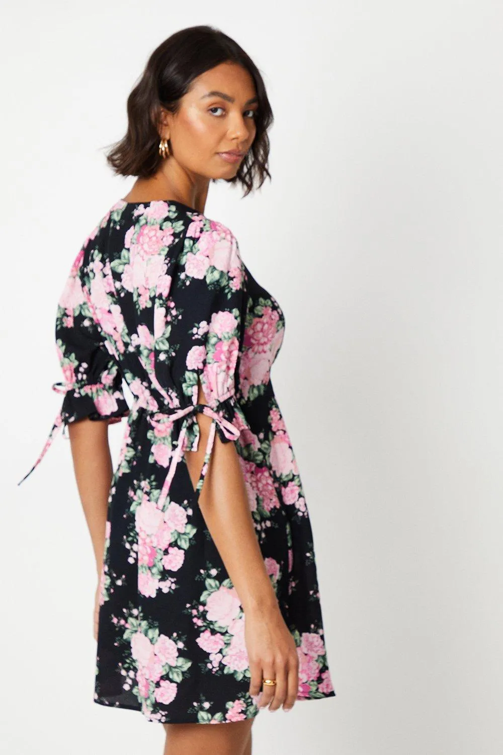 Black Floral Empire Tie Sleeve Mini Dress 3 Black Floral Empire Tie Sleeve Mini Dress