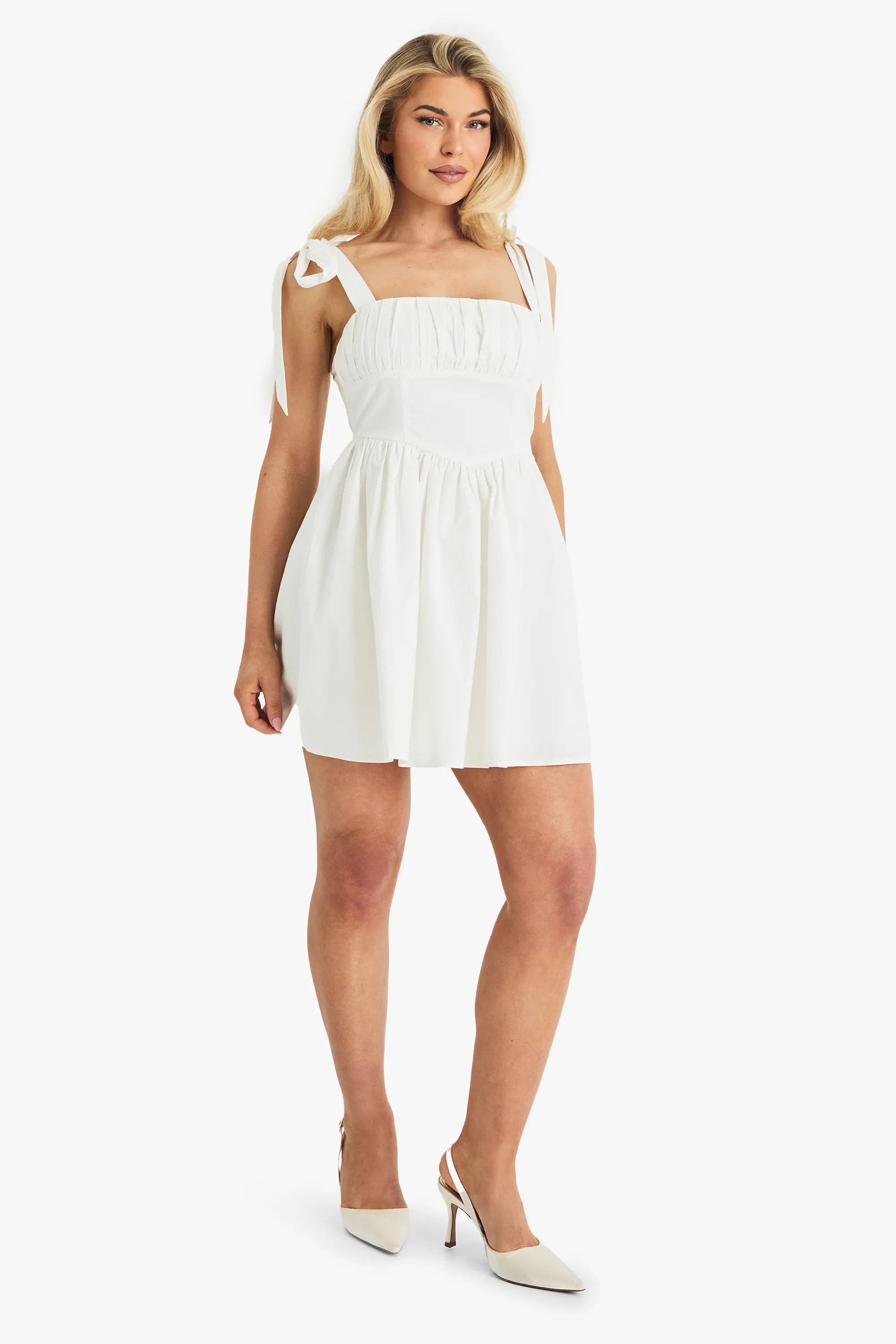 Cotton Ruched Bust Shoulder Tie Mini Dress 1 Cotton Ruched Bust Shoulder Tie Mini Dress