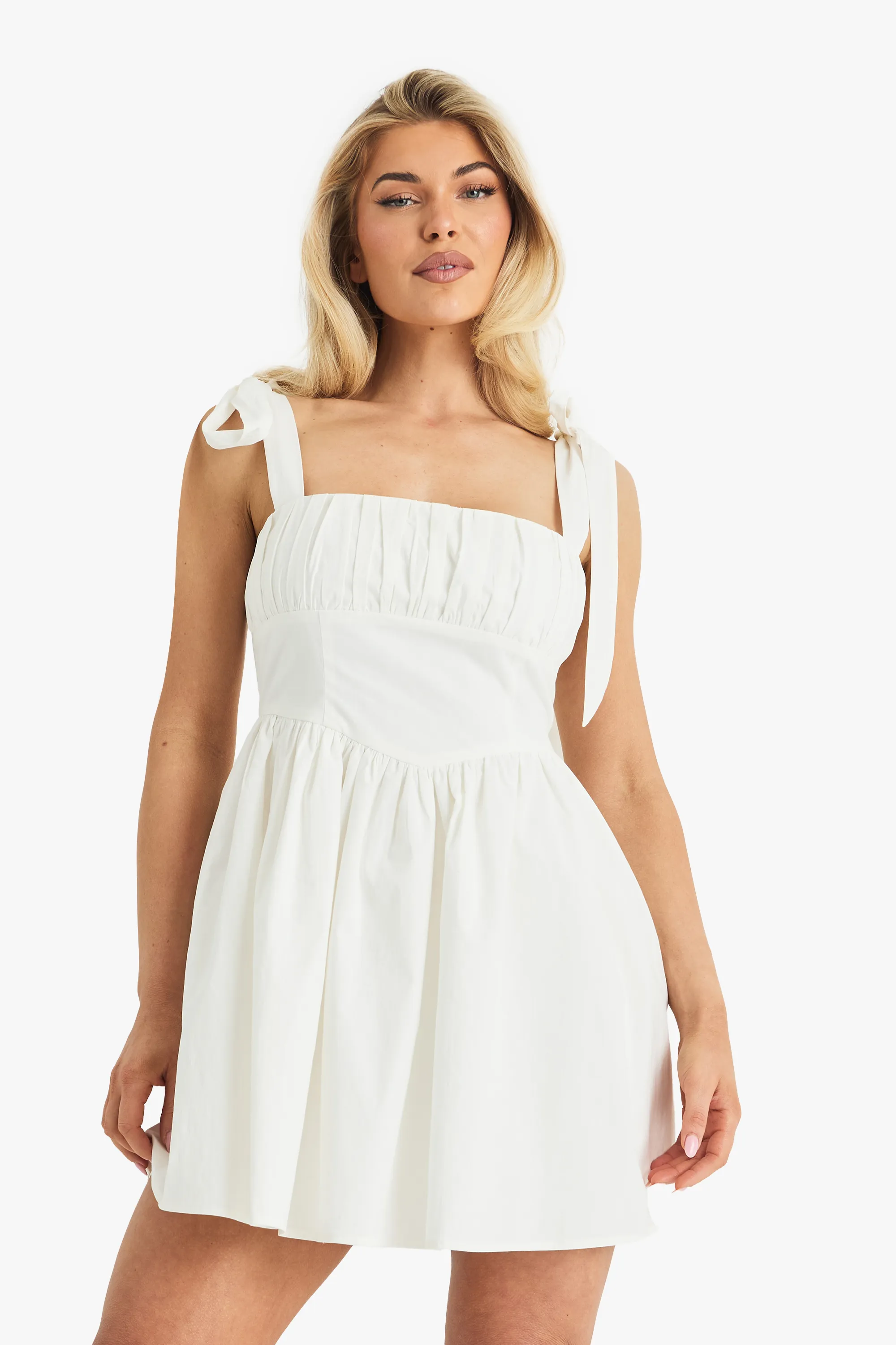 Cotton Ruched Bust Shoulder Tie Mini Dress 5 Cotton Ruched Bust Shoulder Tie Mini Dress