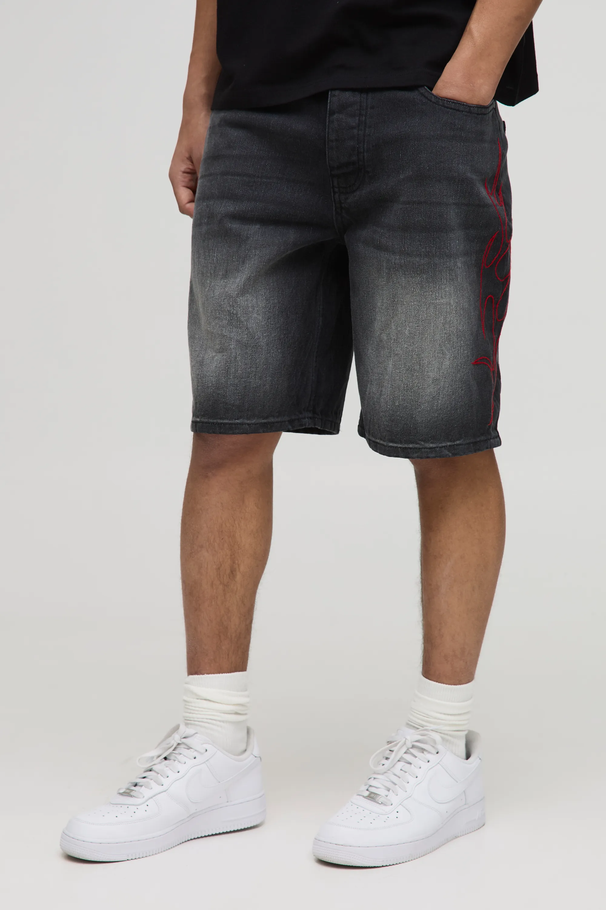 Relaxed Rigid Tribal Embroidered Denim Shorts 1 Relaxed Rigid Tribal Embroidered Denim Shorts