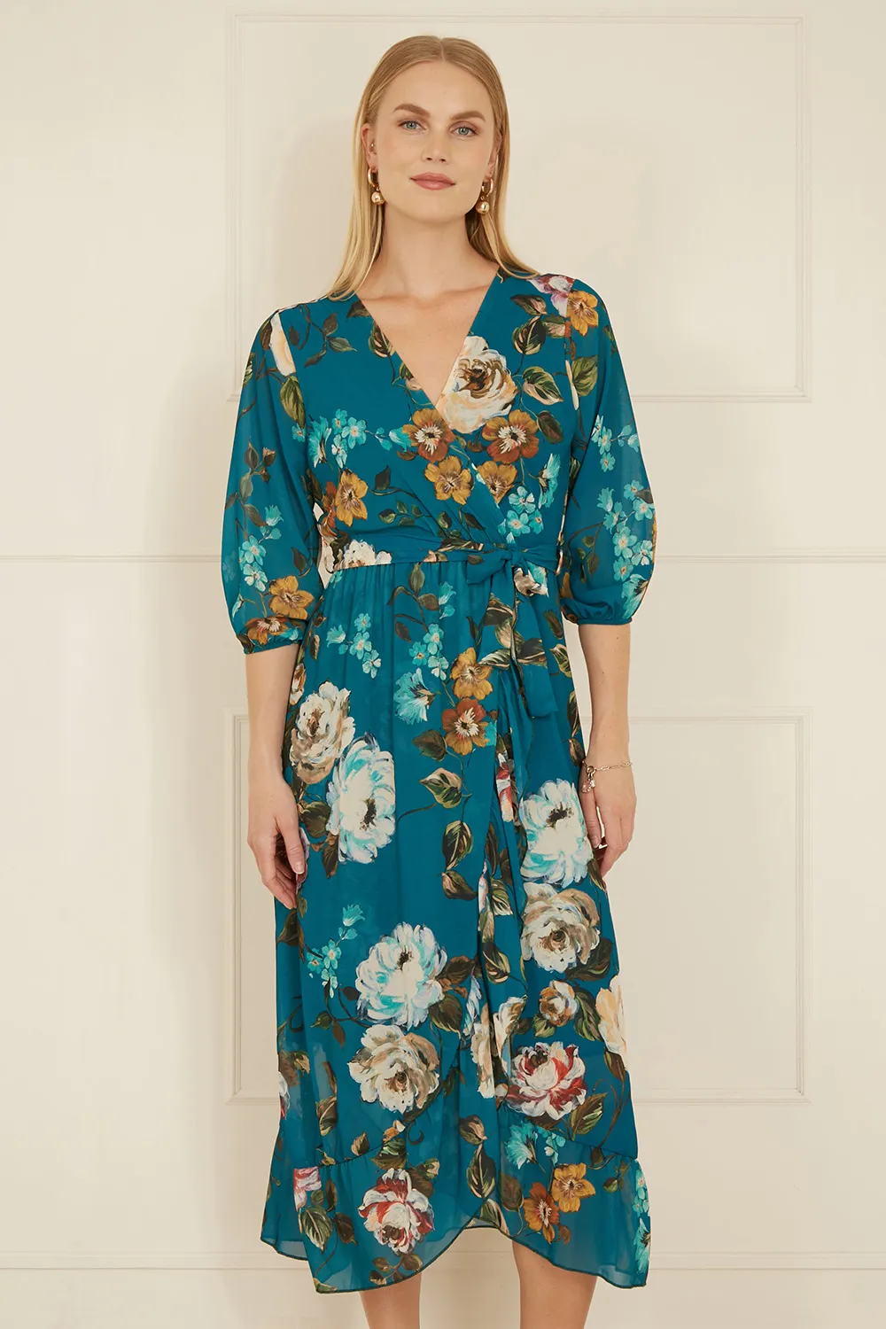Teal Watercolour Dip Hem Midi Wrap Dress 1 Teal Watercolour Dip Hem Midi Wrap Dress