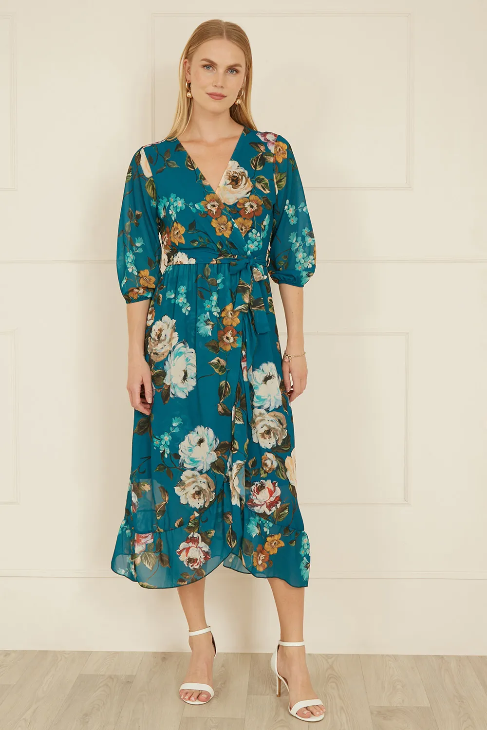 Teal Watercolour Dip Hem Midi Wrap Dress 2 Teal Watercolour Dip Hem Midi Wrap Dress