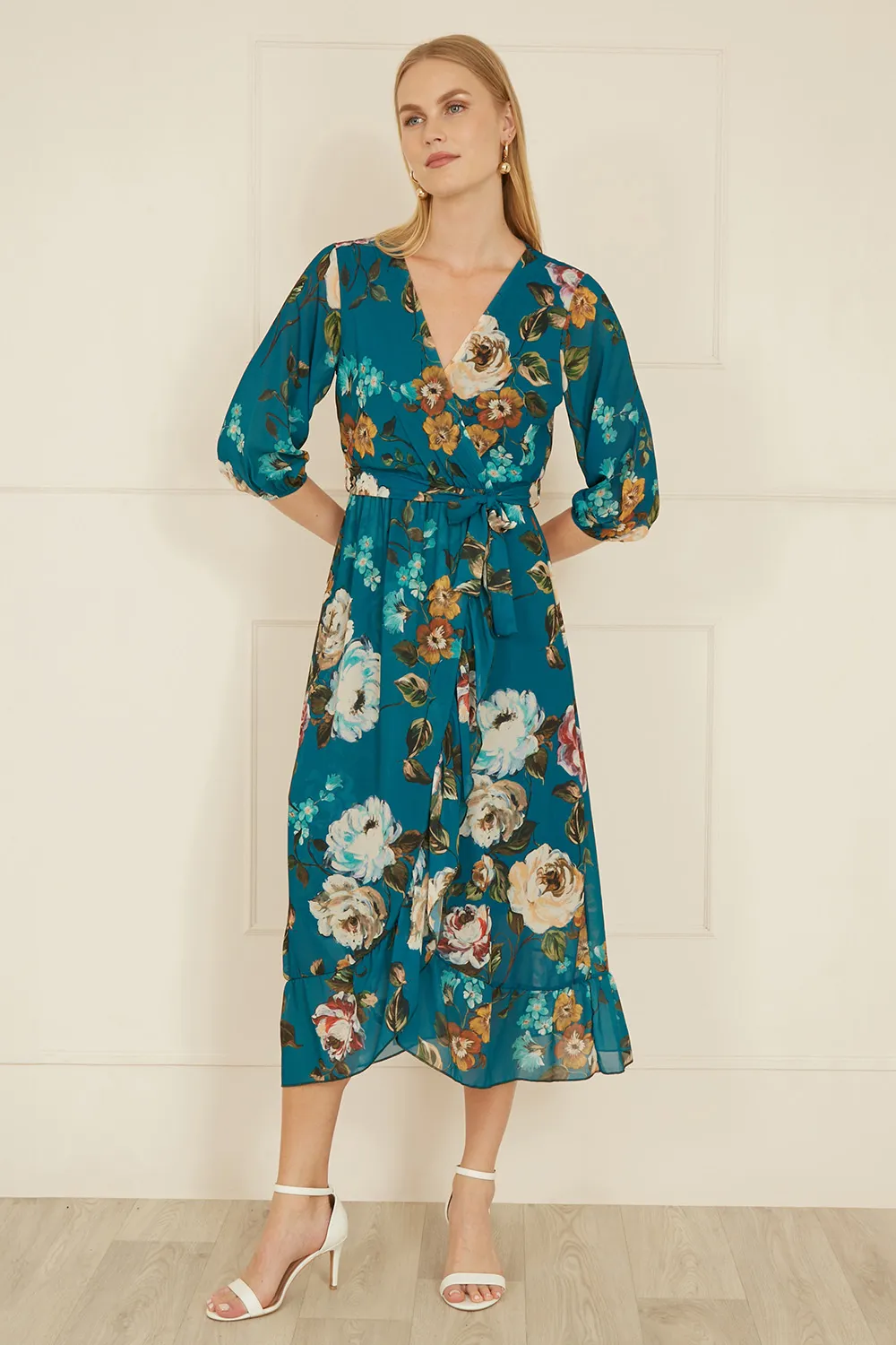 Teal Watercolour Dip Hem Midi Wrap Dress 3 Teal Watercolour Dip Hem Midi Wrap Dress
