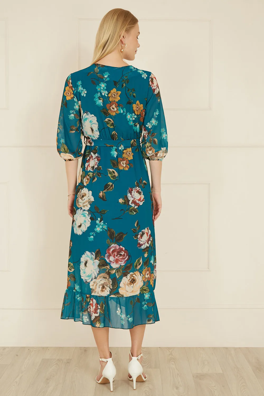 Teal Watercolour Dip Hem Midi Wrap Dress 4 Teal Watercolour Dip Hem Midi Wrap Dress