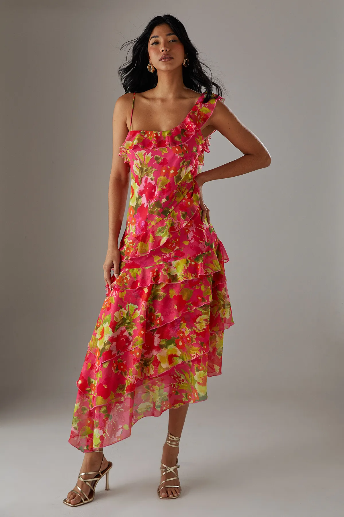 Chiffon Asymmetric Hem Ruffle Midi Slip Dress