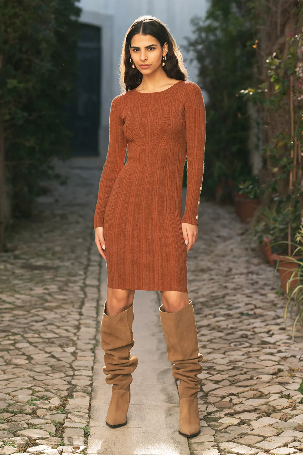 Brown Shimmer Fitted Midi Dress With Button 1 Brown Shimmer Fitted Midi Dress With Button