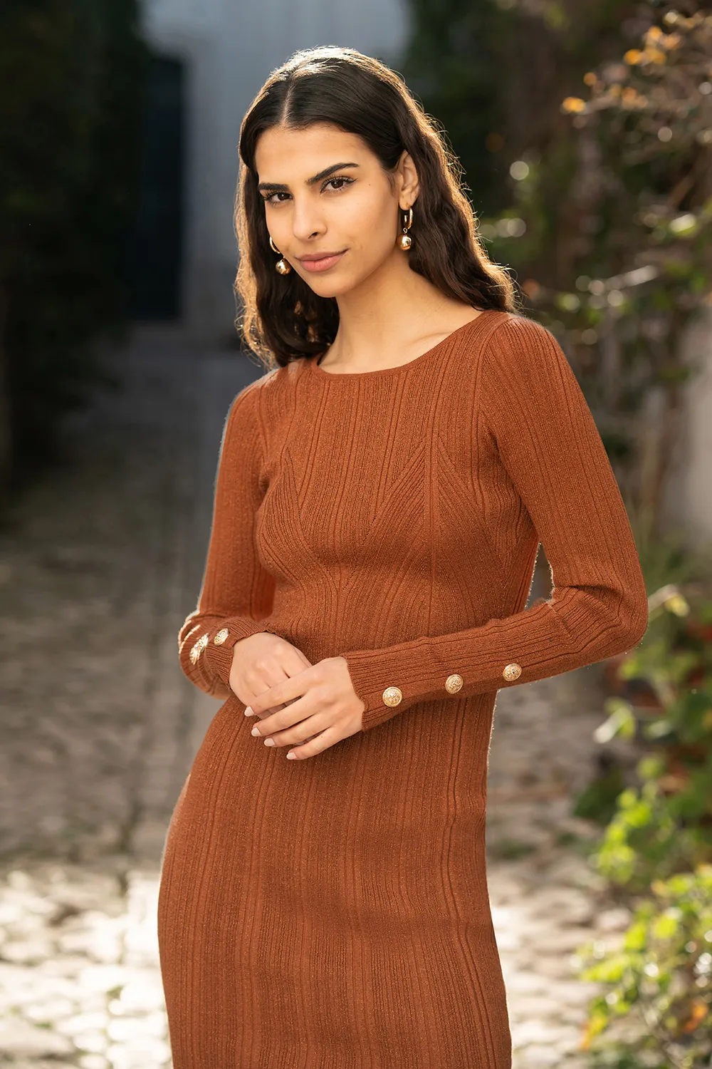 Brown Shimmer Fitted Midi Dress With Button 2 Brown Shimmer Fitted Midi Dress With Button