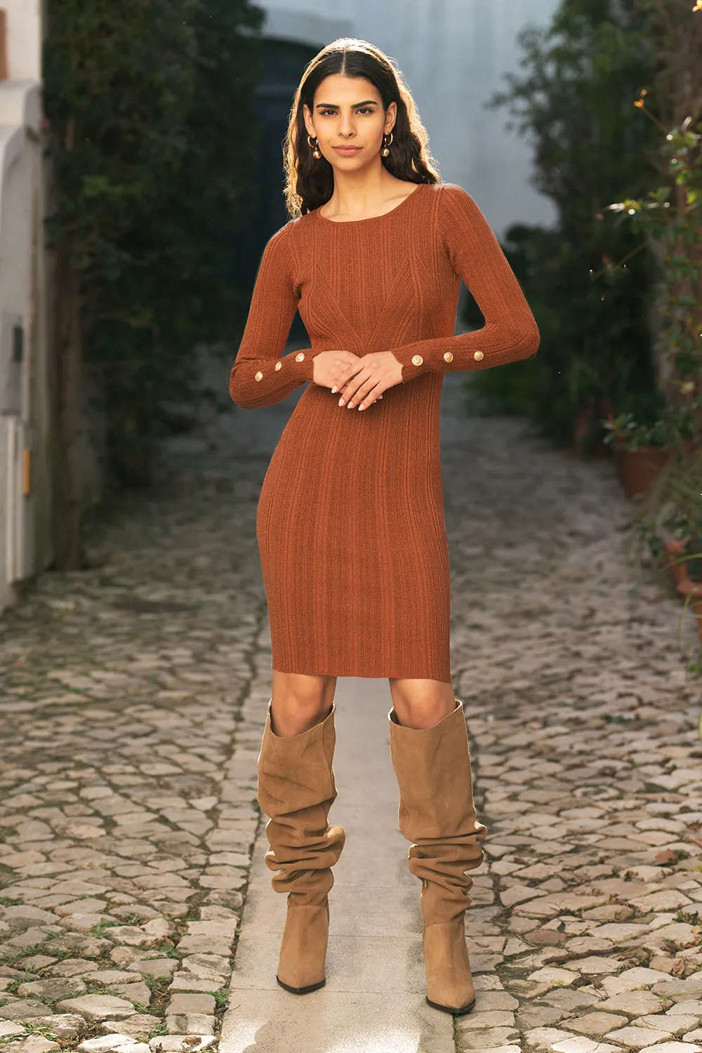 Brown Shimmer Fitted Midi Dress With Button 3 Brown Shimmer Fitted Midi Dress With Button