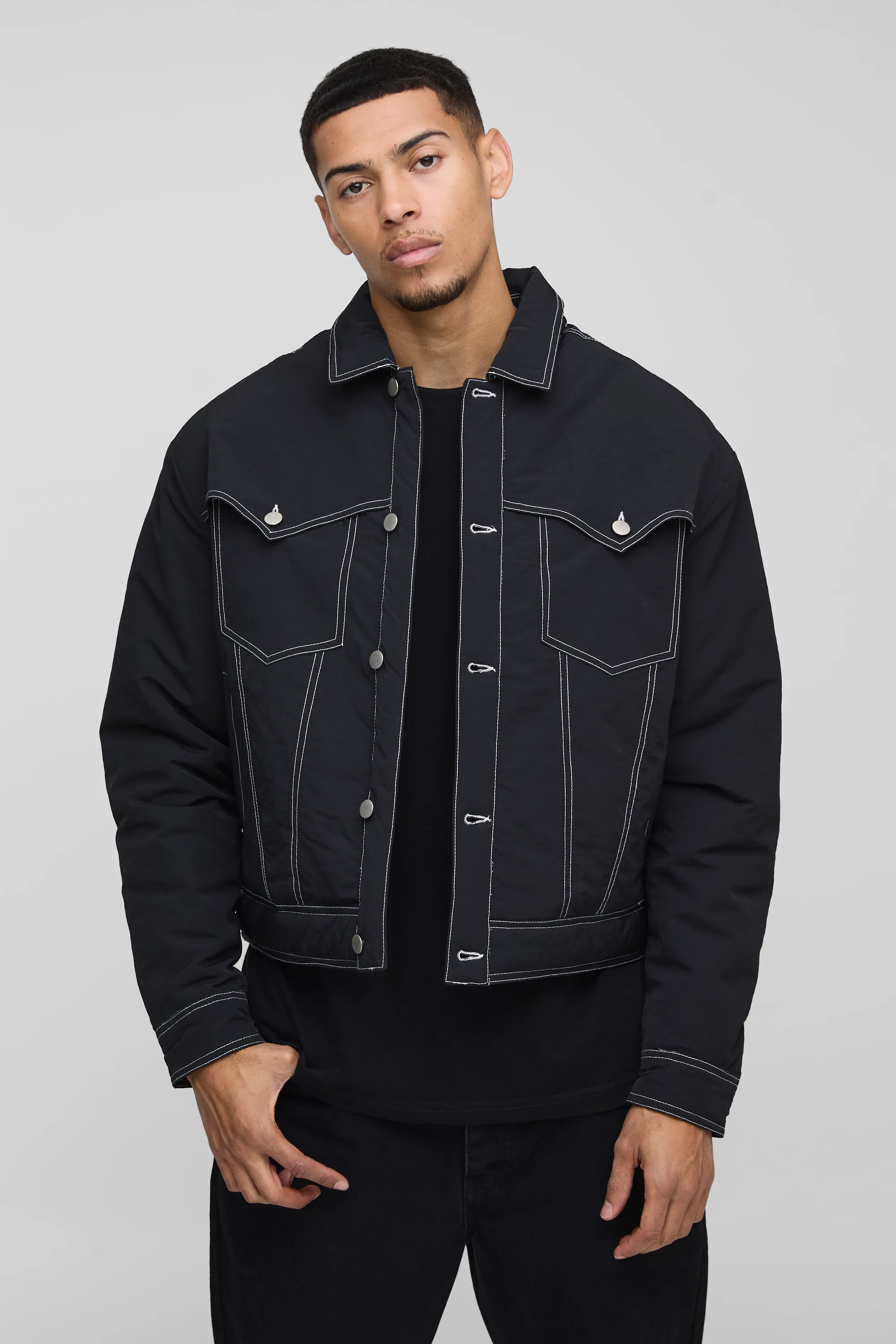 Boxy Nylon Contrast Stitch Western Trucker Jacket 1 Boxy Nylon Contrast Stitch Western Trucker Jacket