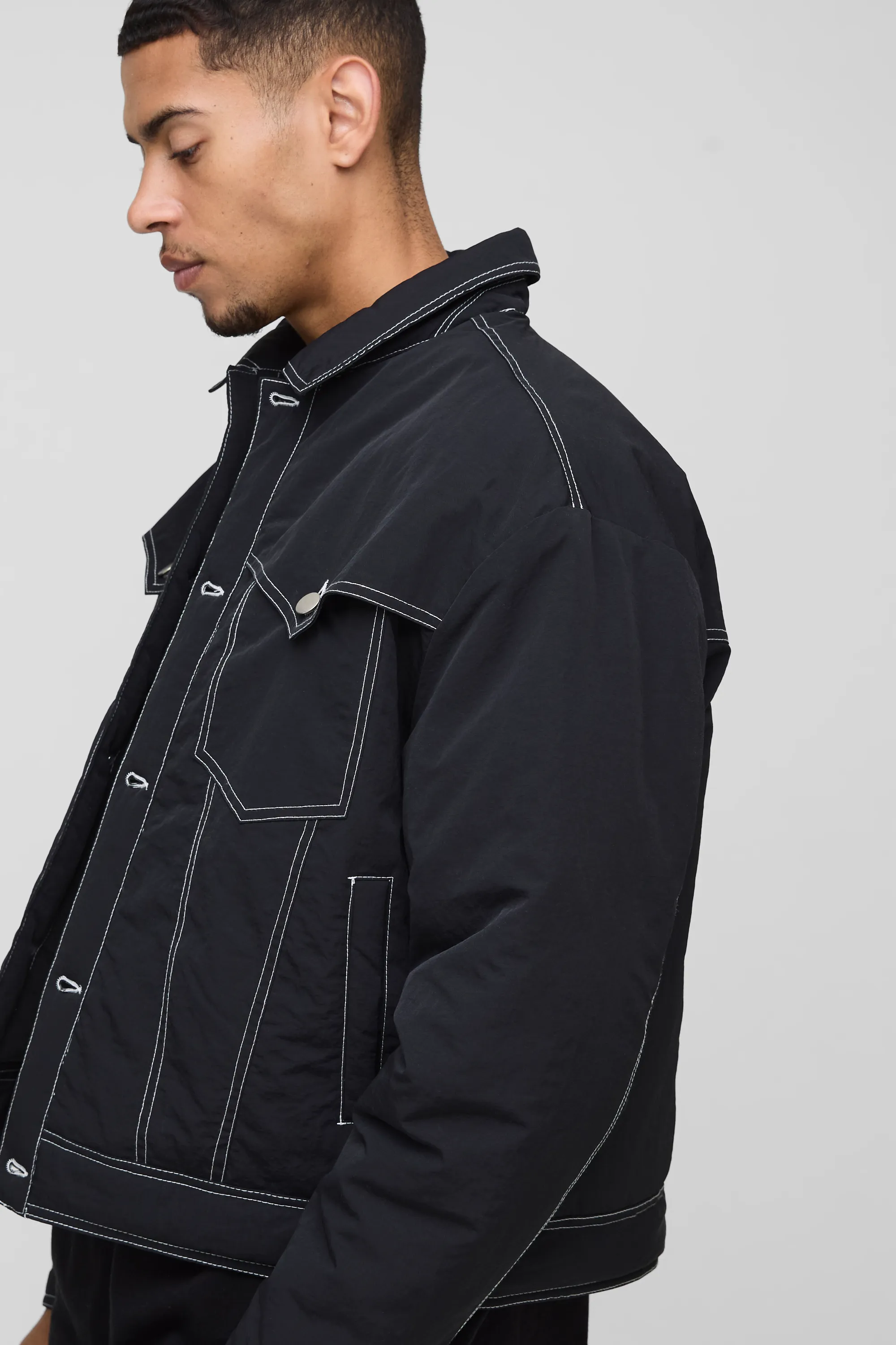 Boxy Nylon Contrast Stitch Western Trucker Jacket 3 Boxy Nylon Contrast Stitch Western Trucker Jacket