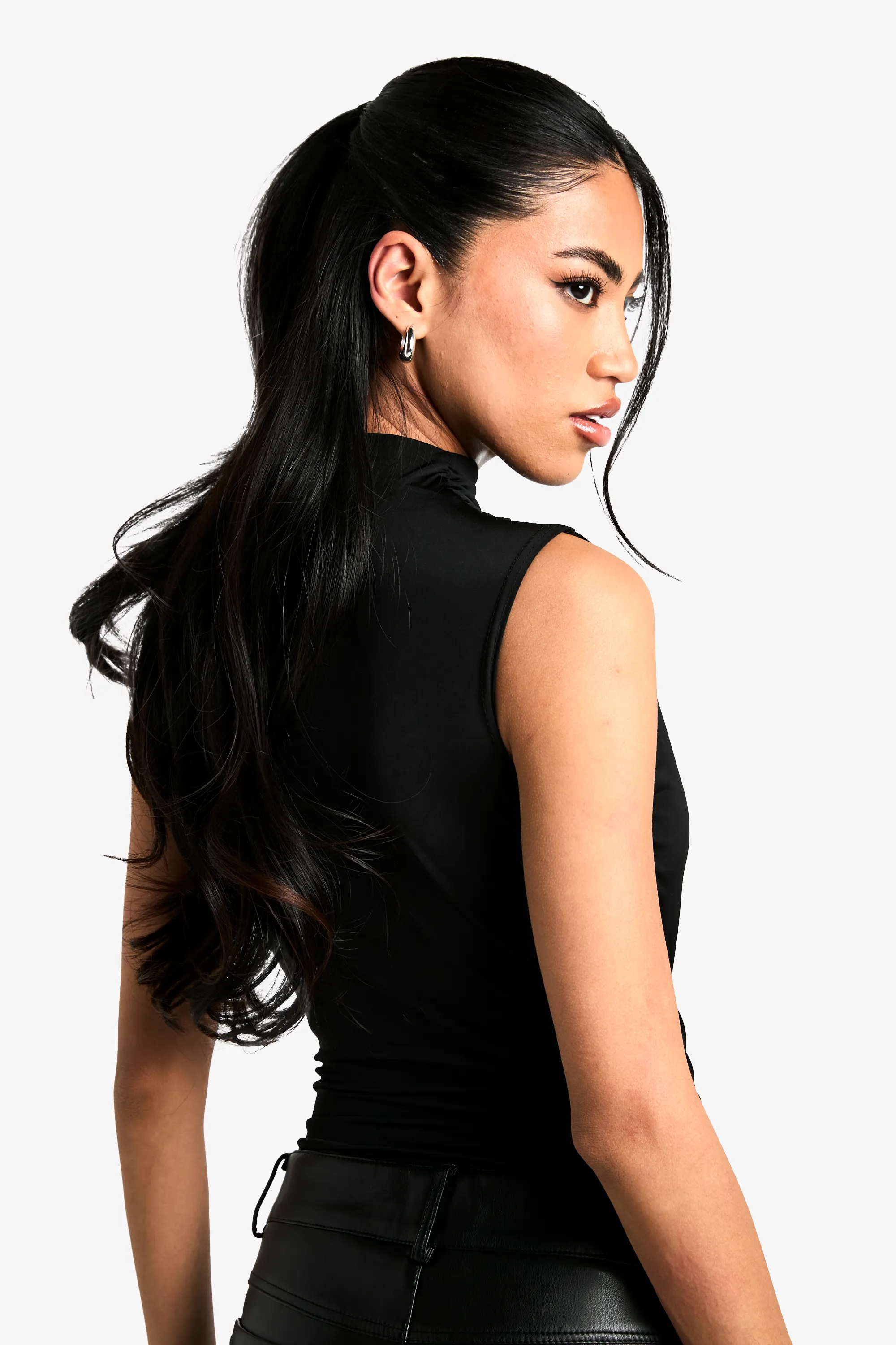 Slinky High Neck Cut Out Detail Drape Neck Top 2 Slinky High Neck Cut Out Detail Drape Neck Top