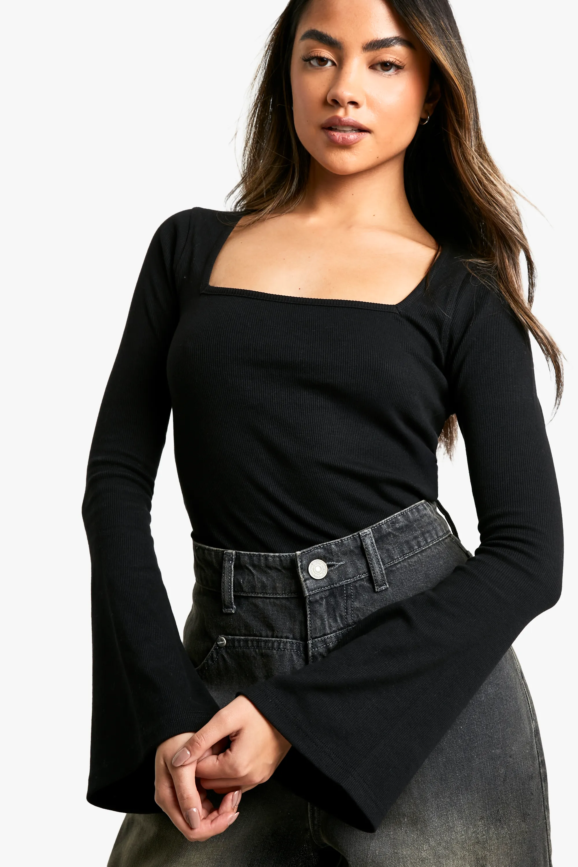 Flared Sleeve Rib Square Neck Bodysuit