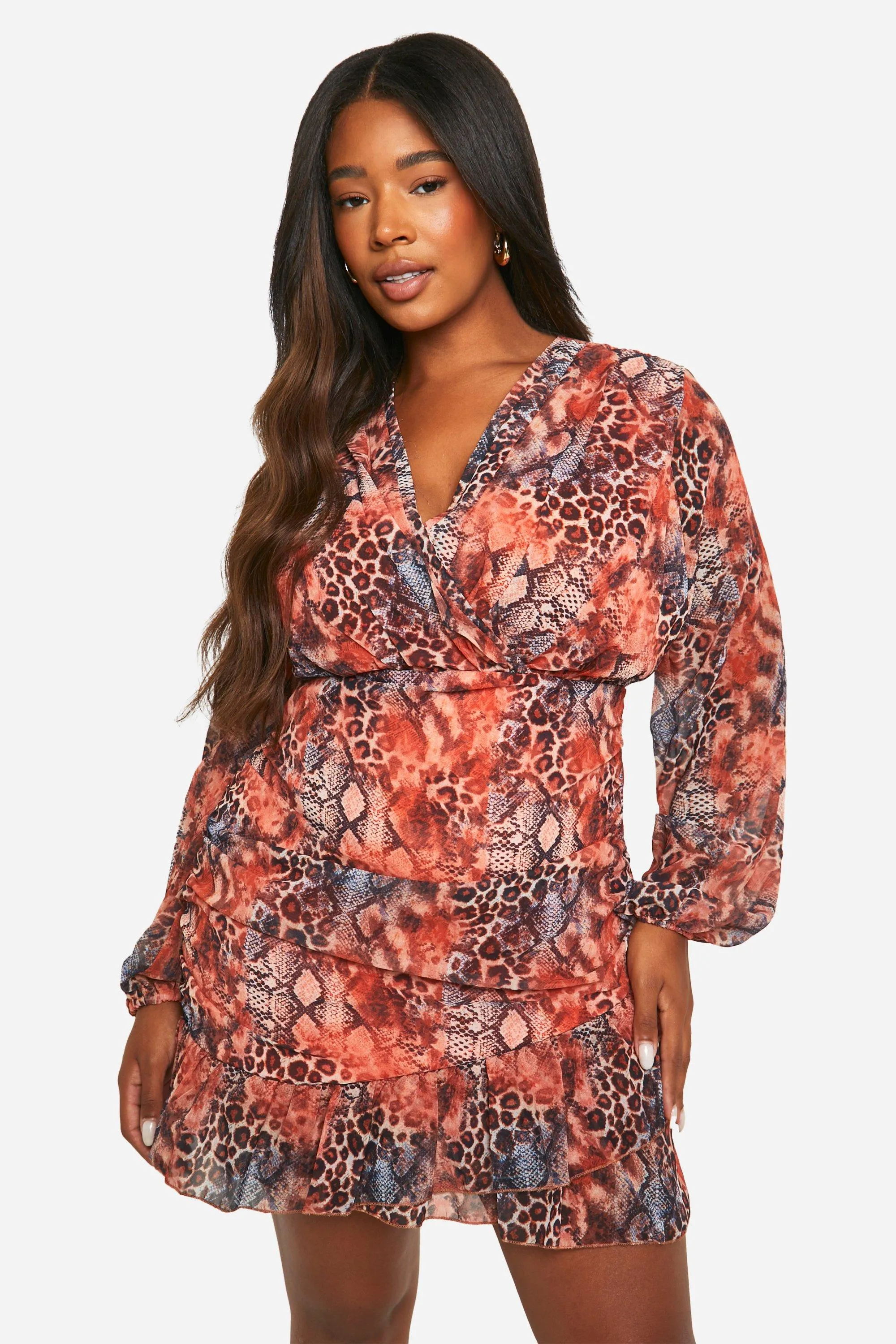Plus Chiffon Leopard Ruffle Wrap Dress 1 Plus Chiffon Leopard Ruffle Wrap Dress