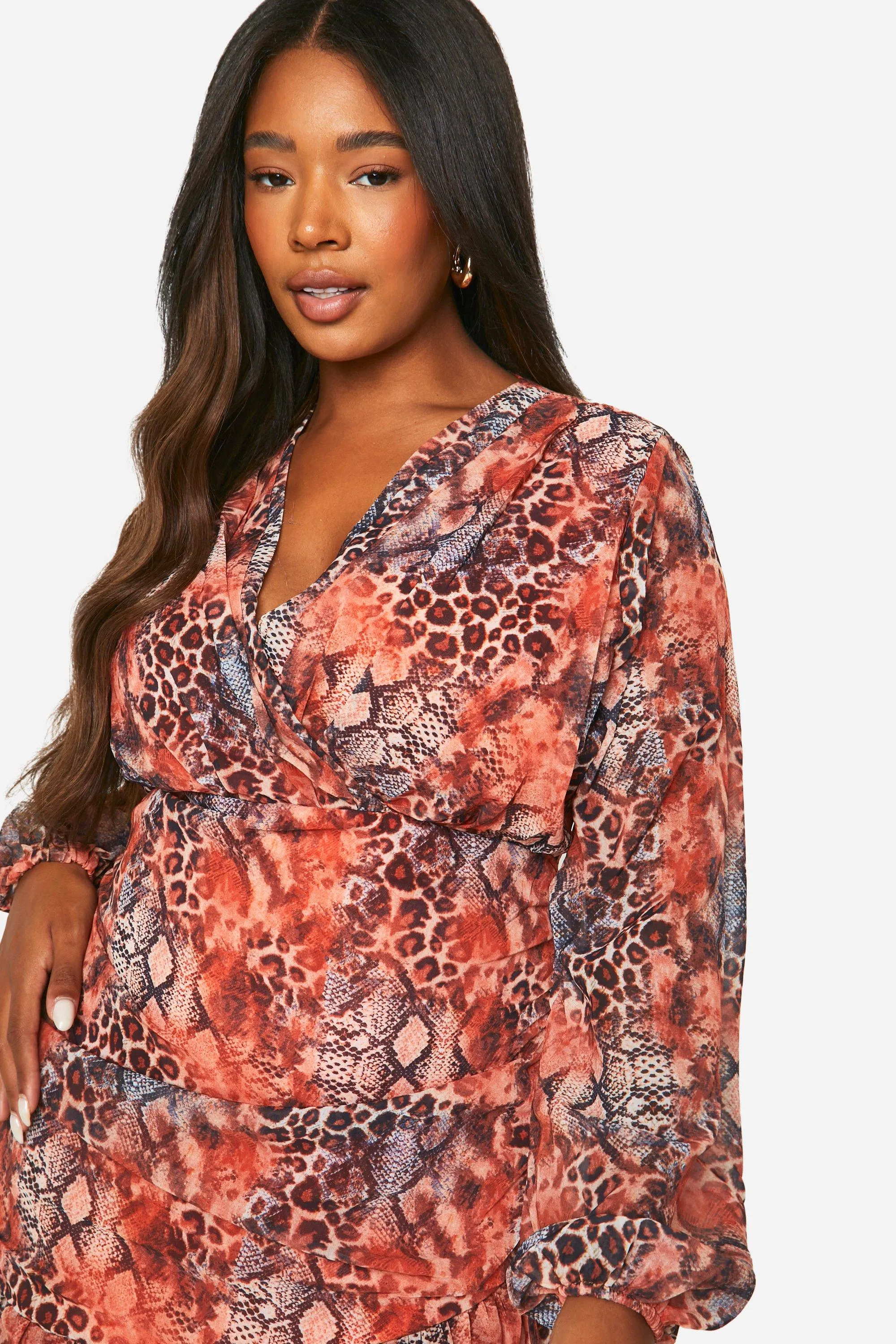 Plus Chiffon Leopard Ruffle Wrap Dress 4 Plus Chiffon Leopard Ruffle Wrap Dress