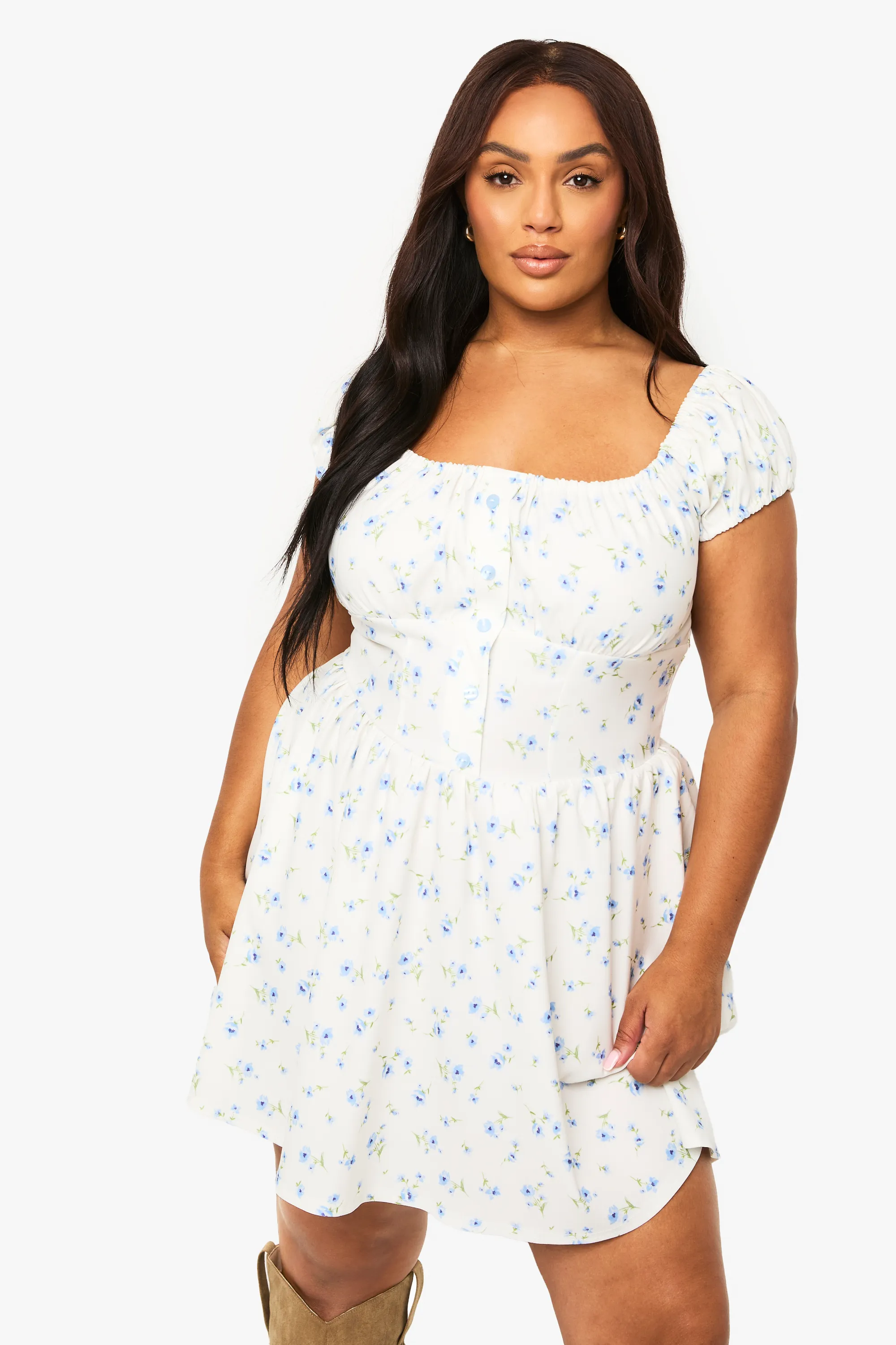Plus Bengaline Ditsy Mini Skater Dress
