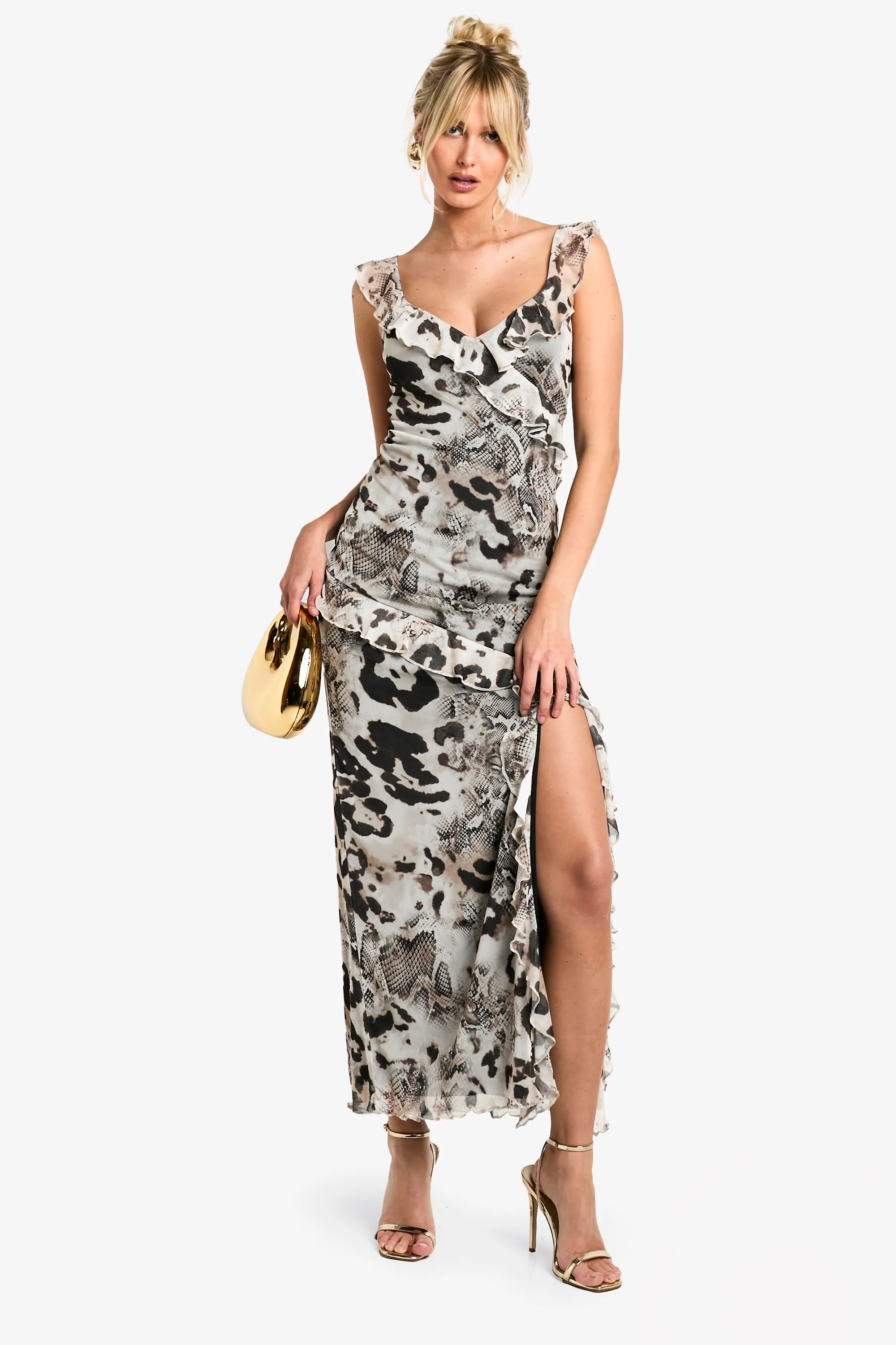 Animal Mix Mesh Ruffle Maxi Dress