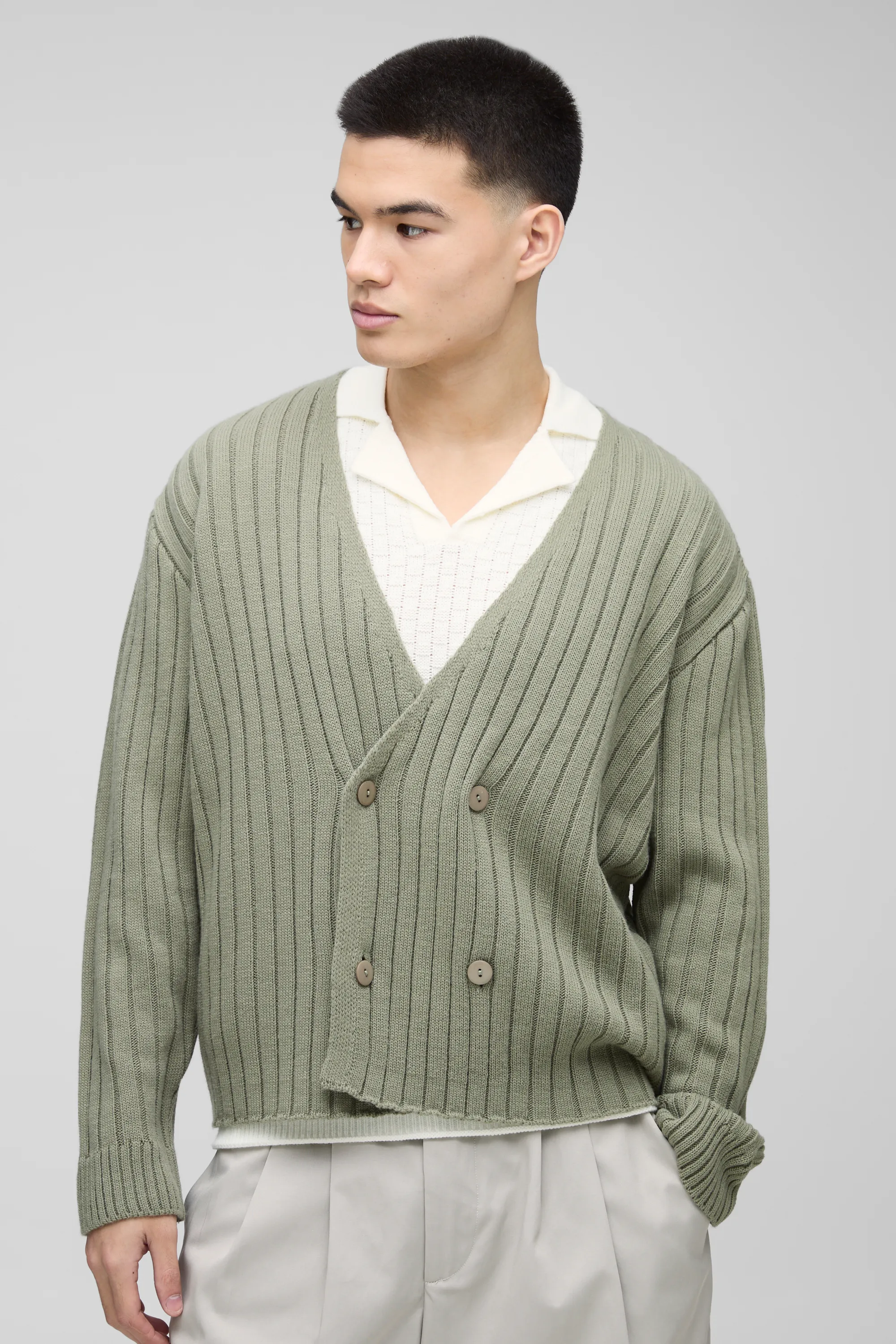Boxy Fit Rib Knitted Wrap Cardigan