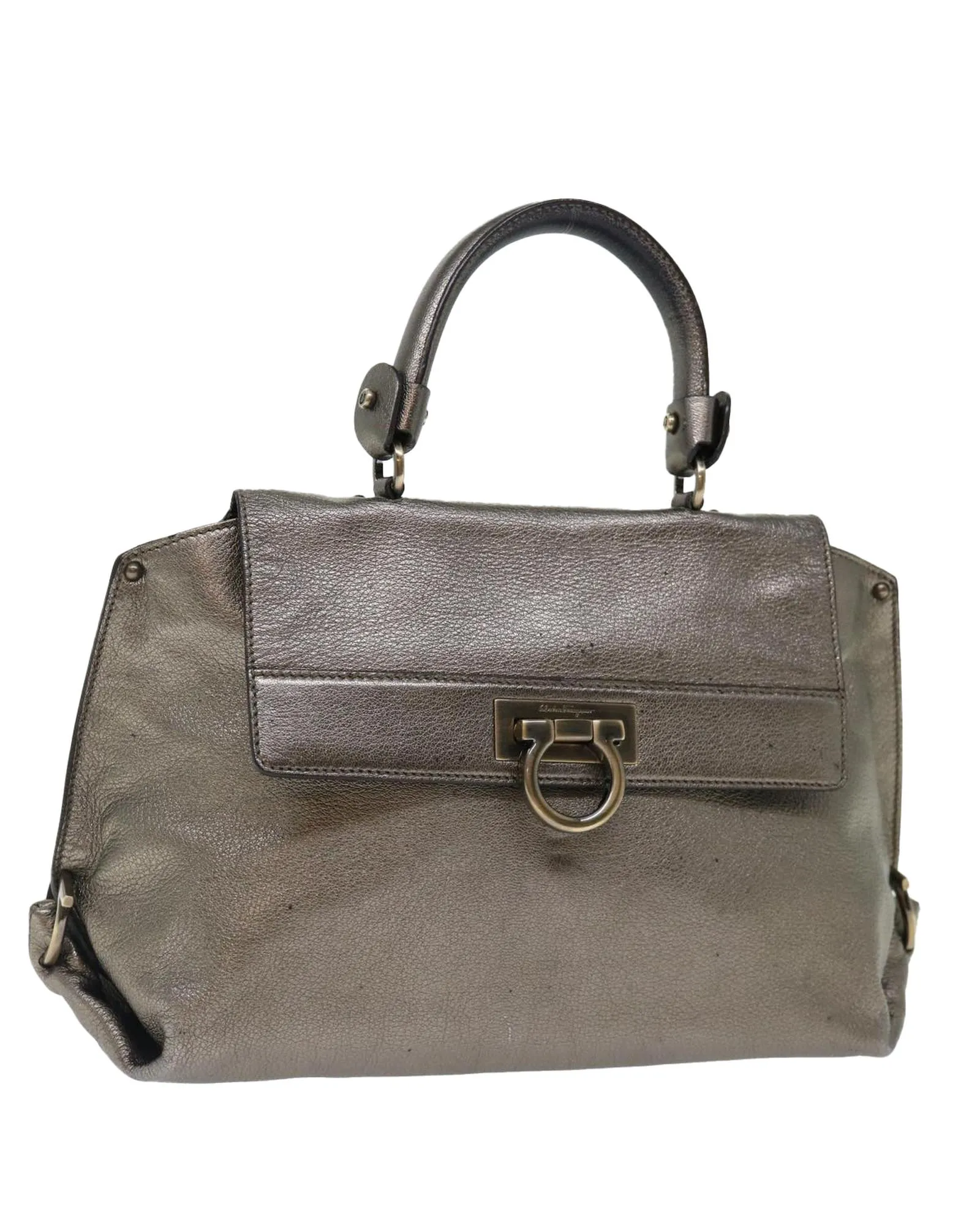 Preloved Amelia Gunmetal Leather Handbag- Silver Pouches