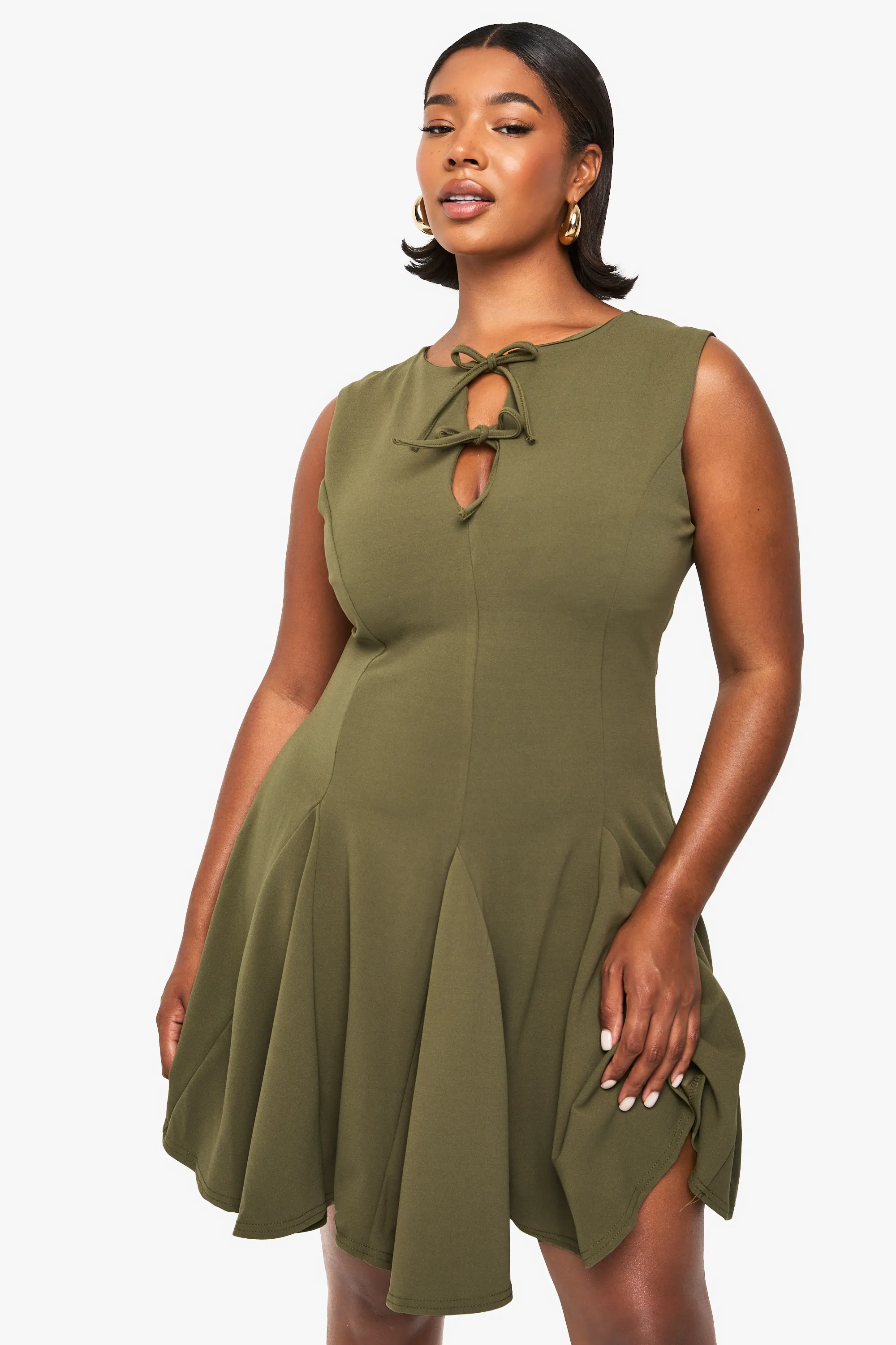 Plus godet tie detail sleeveless skater dress