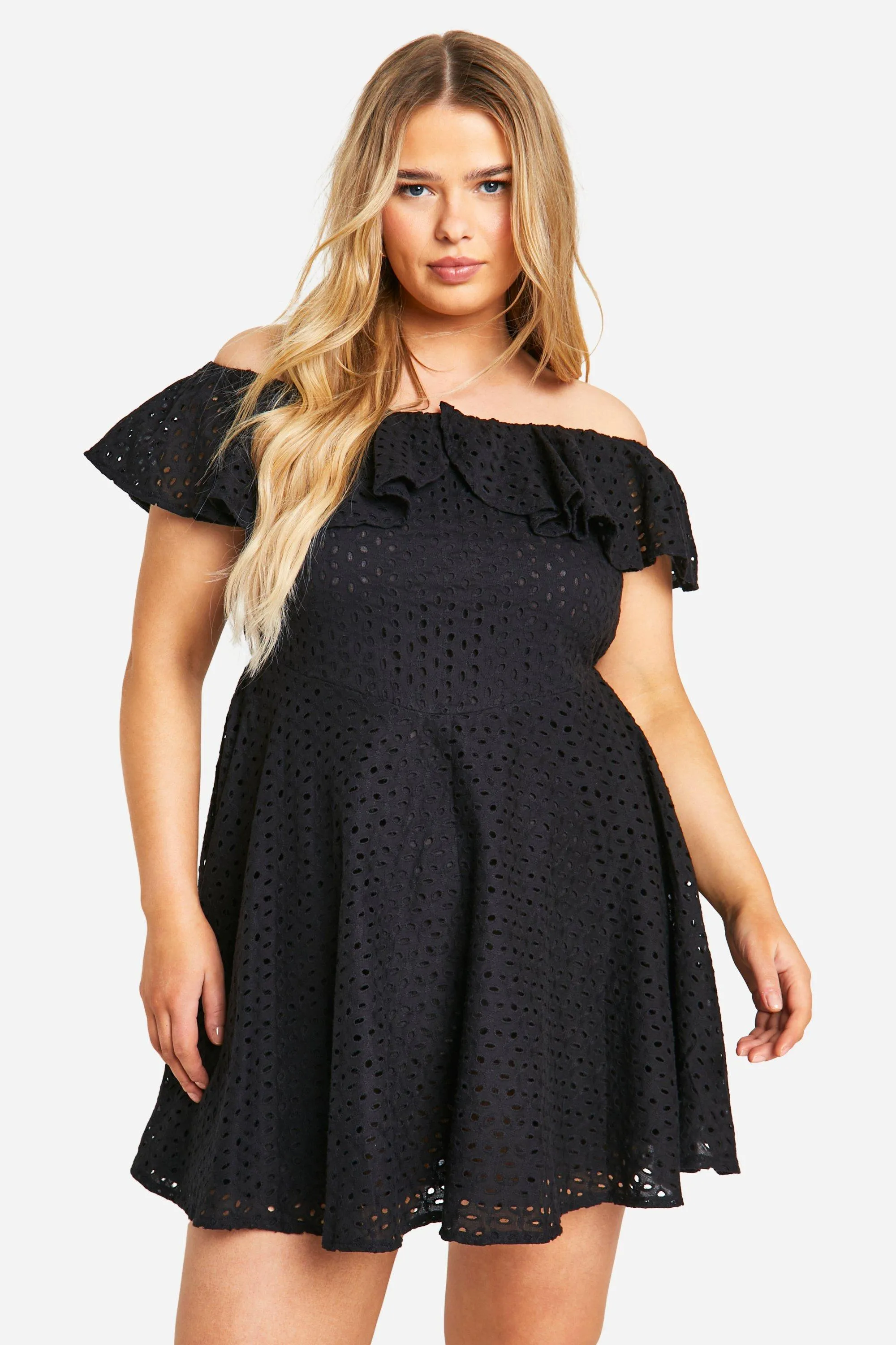 Plus Broderie Ruffle Off Shoulder Skater Dress