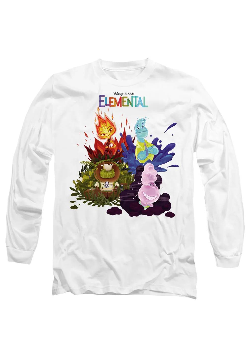 Elemental Group Scene with Ember, Wade, Gale and Grouchwood Long Sleeve T-Shirt, White