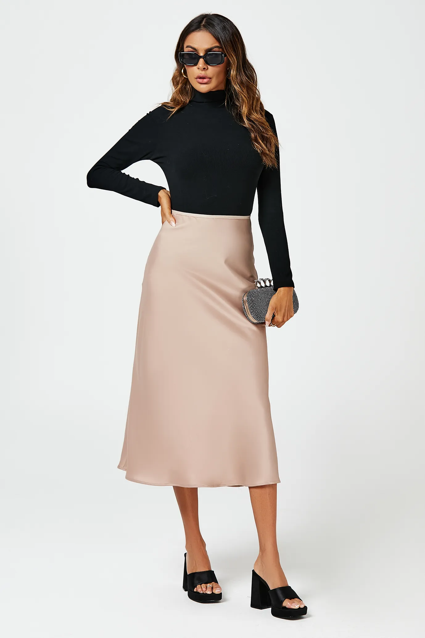 Satin Midi Skirt In Light Brown 3 Satin Midi Skirt In Light Brown