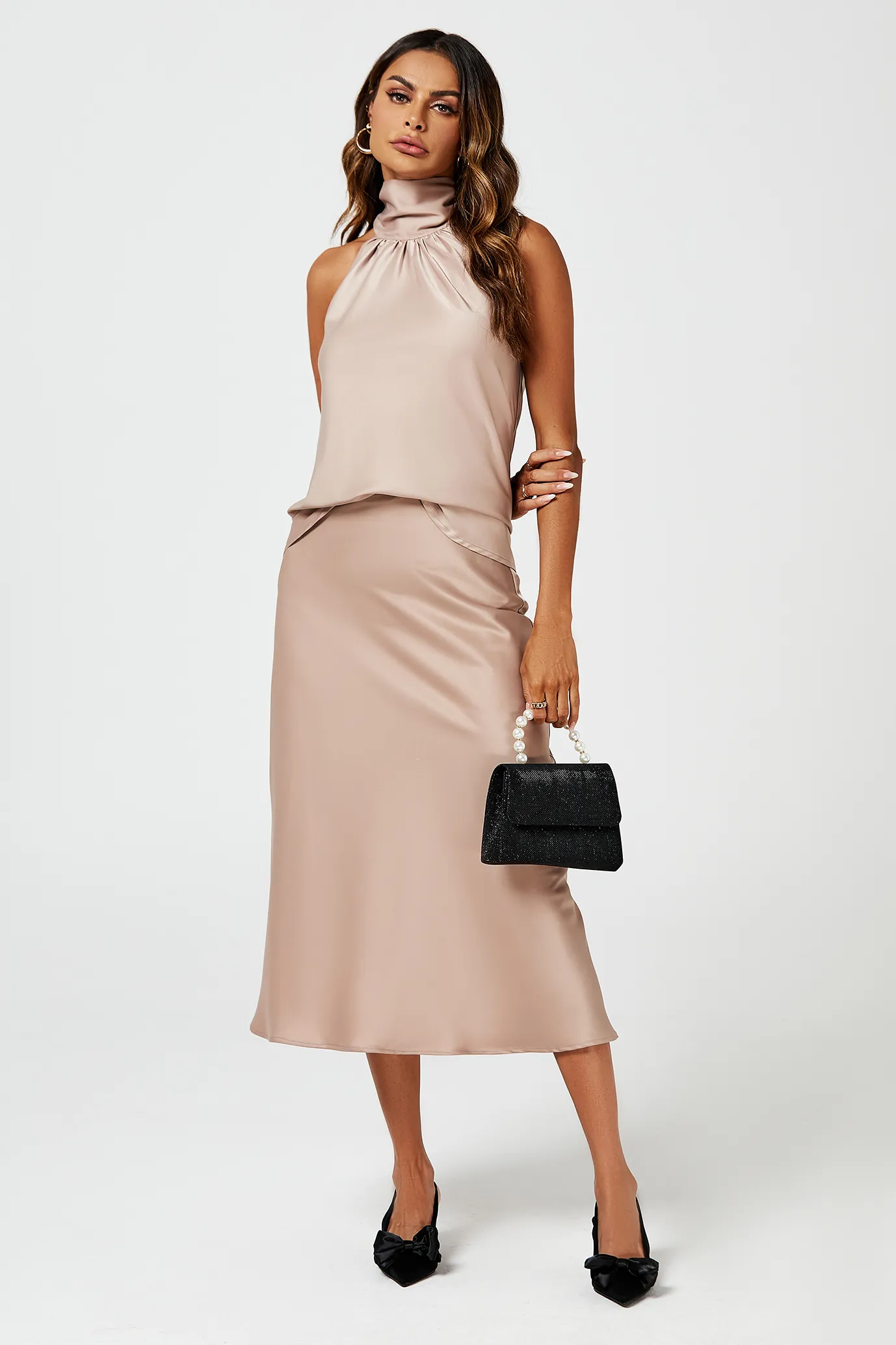 Satin Midi Skirt In Light Brown 4 Satin Midi Skirt In Light Brown