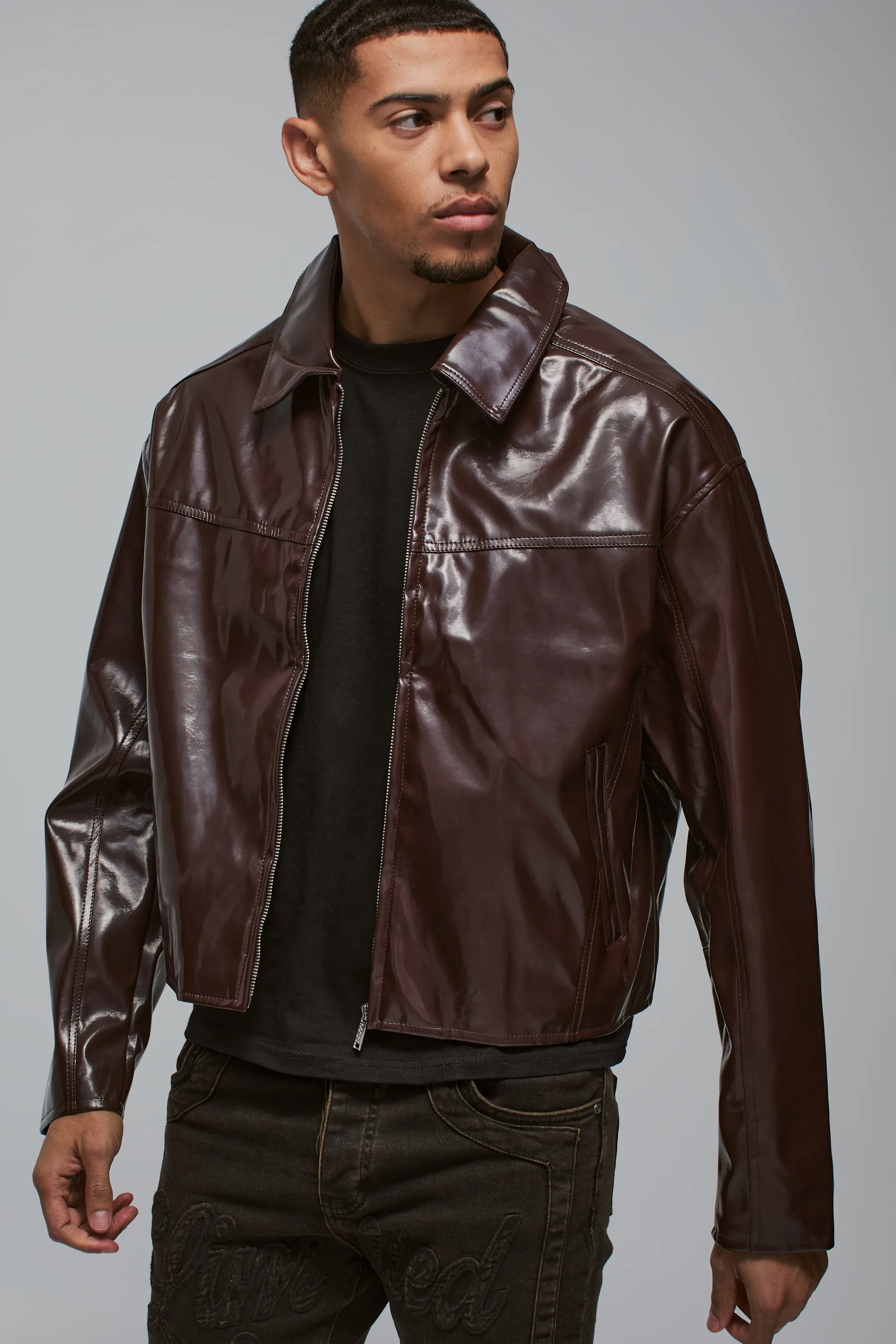 Boxy Vinyl PU Harrington Jacket In Burgundy