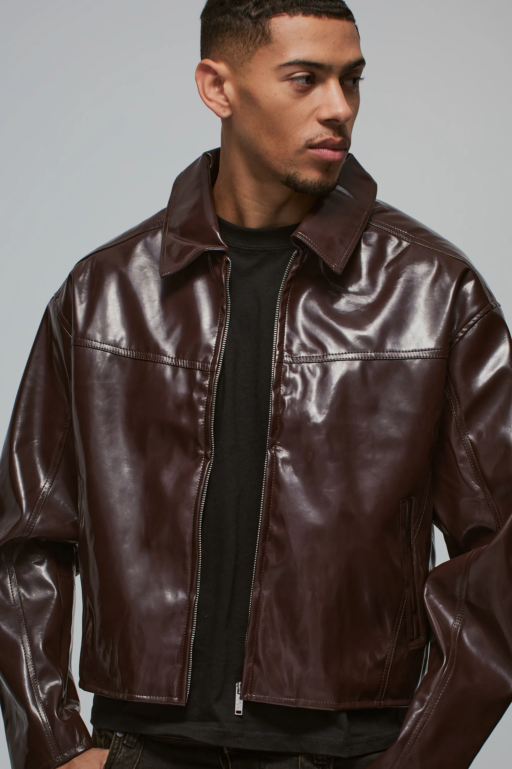 Boxy Vinyl PU Harrington Jacket In Burgundy 3 Boxy Vinyl PU Harrington Jacket In Burgundy