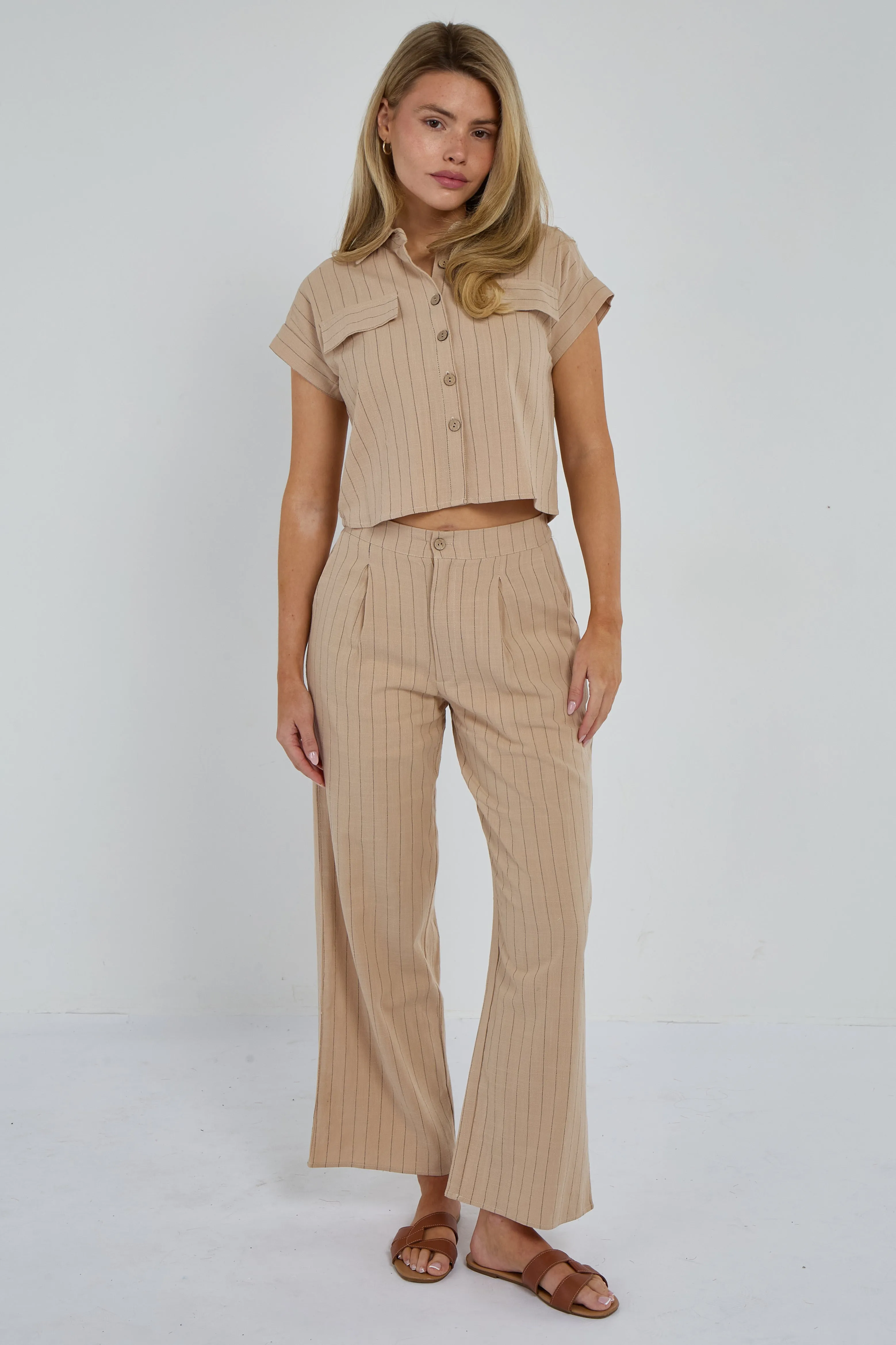 Beige Pinstripe Linen Shirt and Trousers set 4 Beige Pinstripe Linen Shirt and Trousers set
