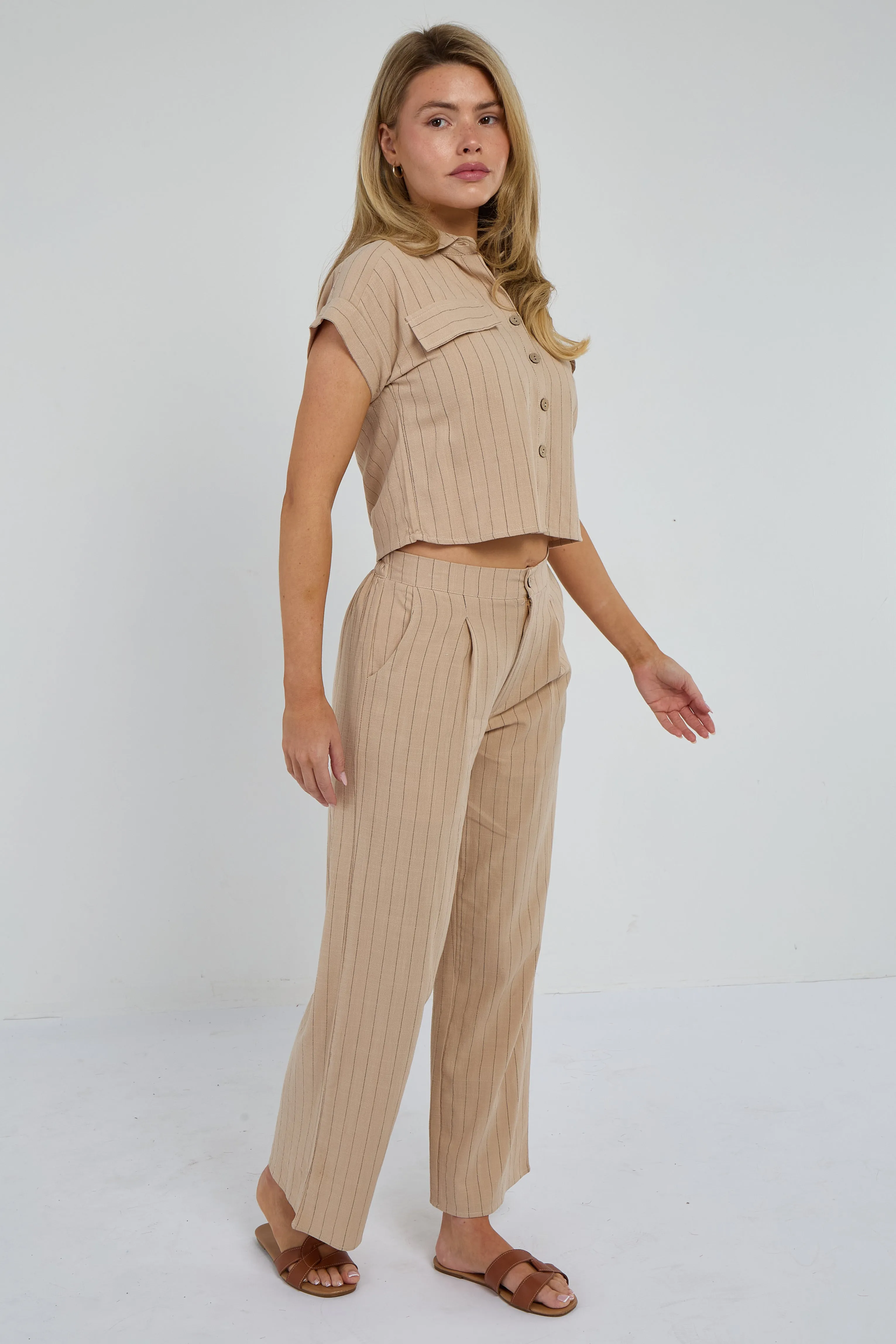 Beige Pinstripe Linen Shirt and Trousers set 7 Beige Pinstripe Linen Shirt and Trousers set