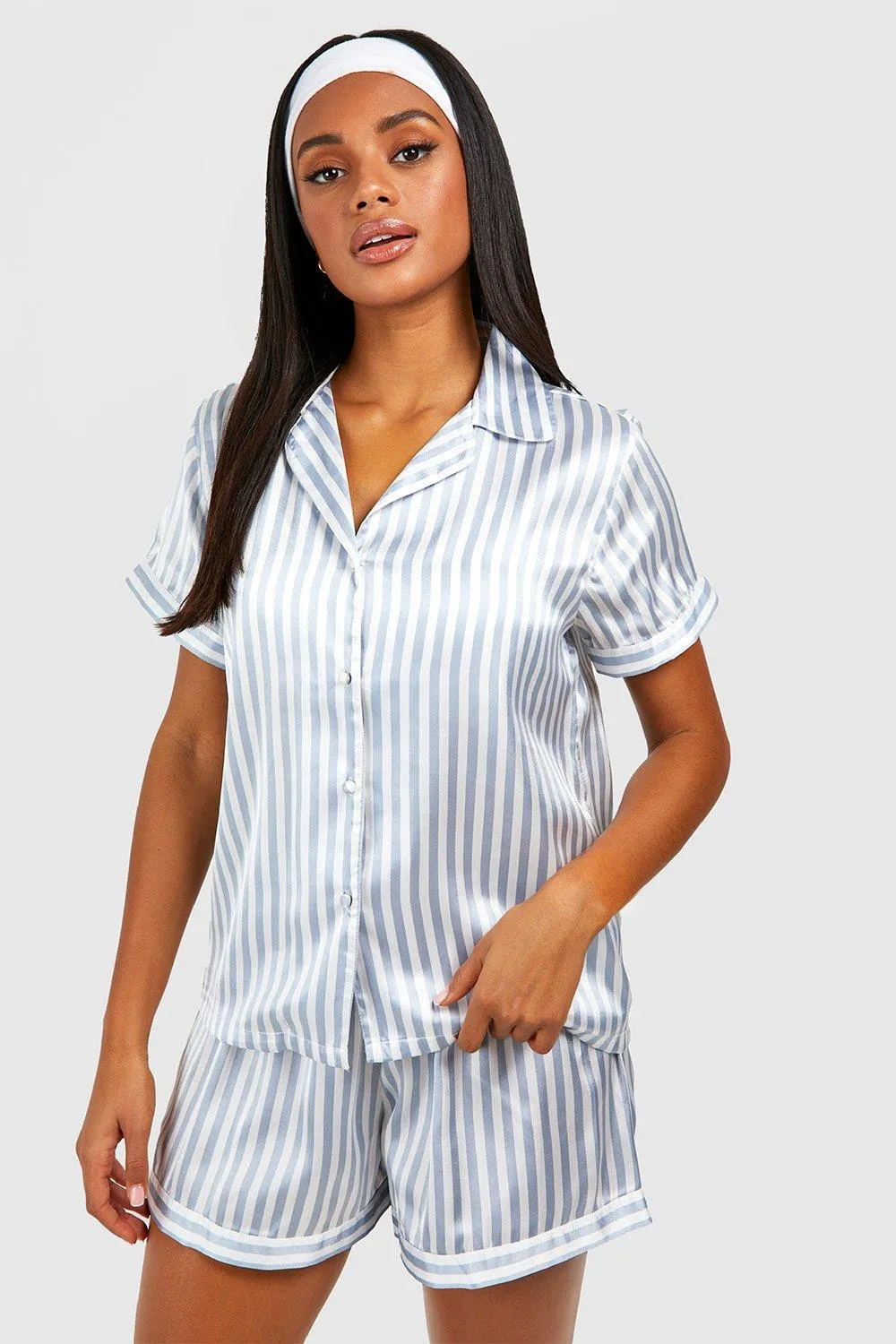 Contrast Stripe Short Sleeve Shirt & Shorts Pyjama Set 1 Contrast Stripe Short Sleeve Shirt & Shorts Pyjama Set